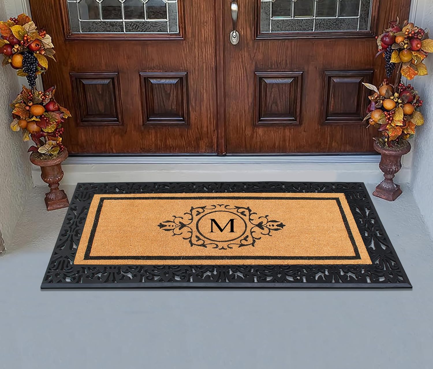 A1HC Natural Coir Doormat for Outside Entrance, Anti-Shed Treated Front Door Mat 30' x 60', Long Lasting Front Porch Entry Matt Monogrammed - M (Floral Black)