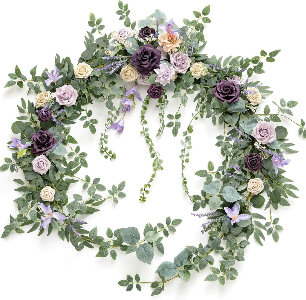 Ling's moment 9FT Eucalyptus and Willow Leaf Garland with White Flower, Handcrafted Wedding Sweetheart Table Centerpieces Head Table Decor Arch Backdrop Decorations for Wedding | Lavender Purple