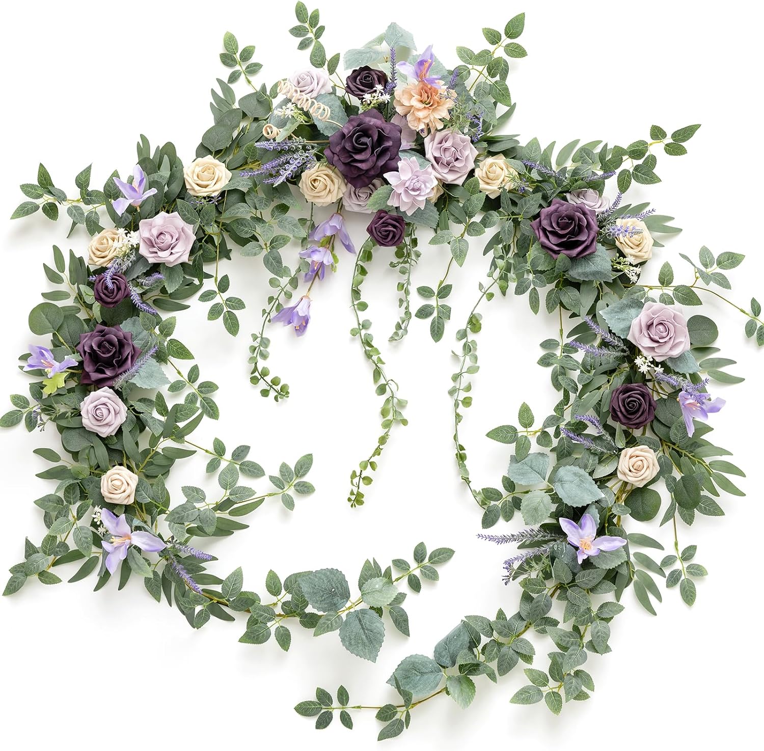 Ling's moment 9FT Eucalyptus and Willow Leaf Garland with White Flower, Handcrafted Wedding Sweetheart Table Centerpieces Head Table Decor Arch Backdrop Decorations for Wedding | Lavender Purple