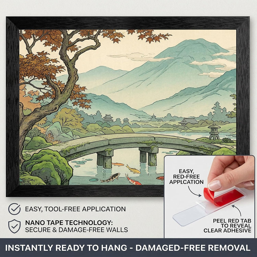Framed Wall Art - Black Frame Serene Japanese Garden Style Print - Peaceful Stone Bridge and Koi Pond Landscape - Ready to Hang Modern Home Decor - 24x36 Inch