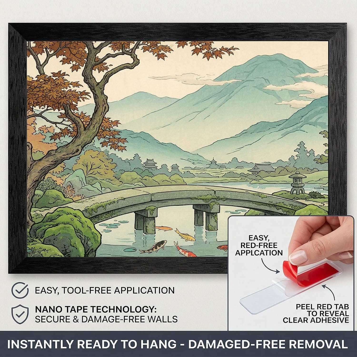 Framed Wall Art - Black Frame Serene Japanese Garden Style Print - Peaceful Stone Bridge and Koi Pond Landscape - Ready to Hang Modern Home Decor - 24x36 Inch