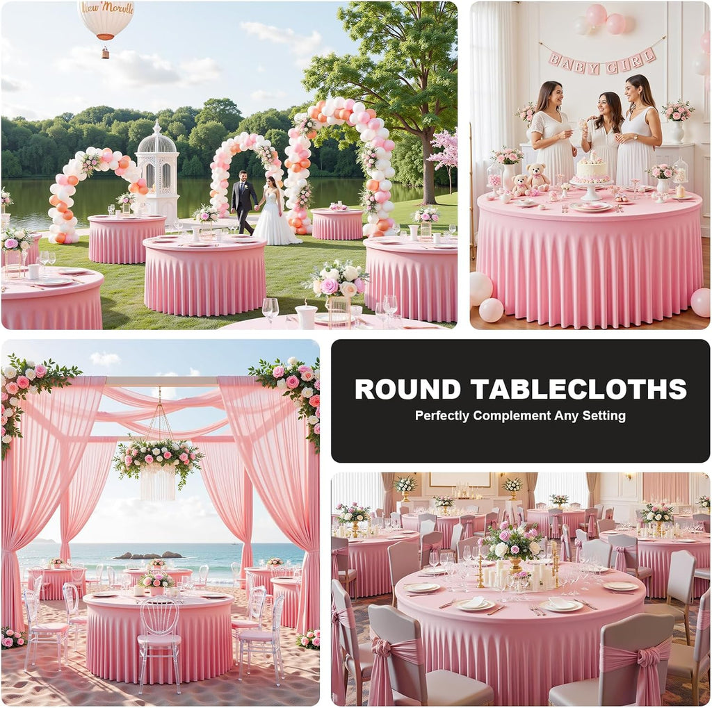 6 Pack Pink 72 inch Round Spandex Tablecloth,Wrinkle-Free Stretchy Fitted 6FT Round Tables,Elastic Edge with Skirt,Washable Tablecloths for Wedding Banquet Party Birthday Buffet