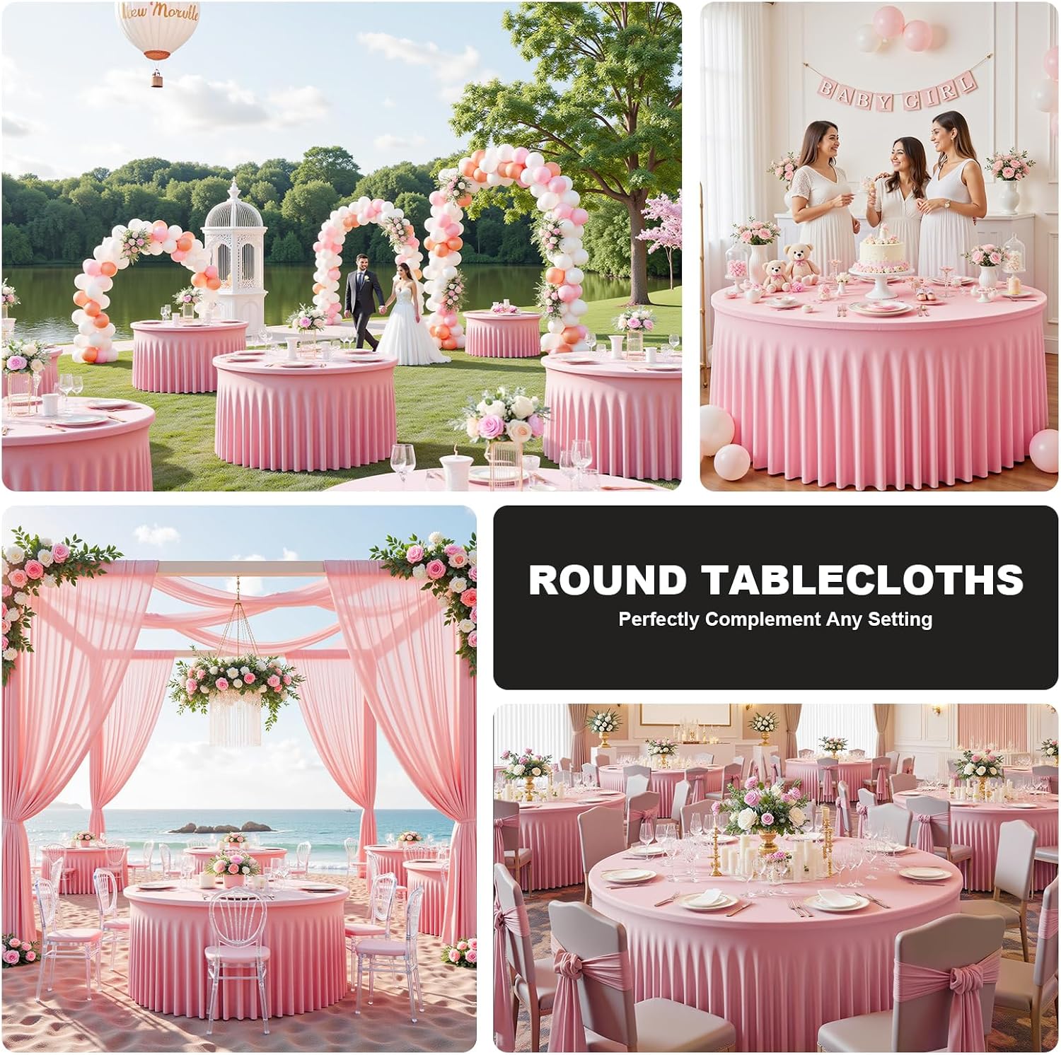 6 Pack Pink 72 inch Round Spandex Tablecloth,Wrinkle-Free Stretchy Fitted 6FT Round Tables,Elastic Edge with Skirt,Washable Tablecloths for Wedding Banquet Party Birthday Buffet