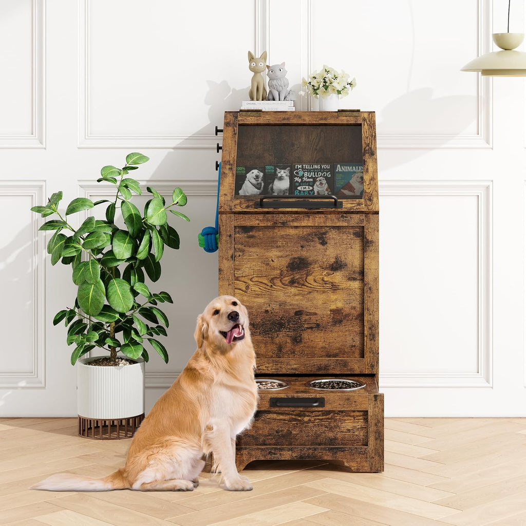 TrailBlaze Elevated Dog Feeding Station with Storage Cabinet – 2 Raised Bowls, Turnover Top Food Storage, 3 Accessory Hooks, Toy Shelf Organizer – Modern Farmhouse Pet Feeder for Large Dogs, Grey