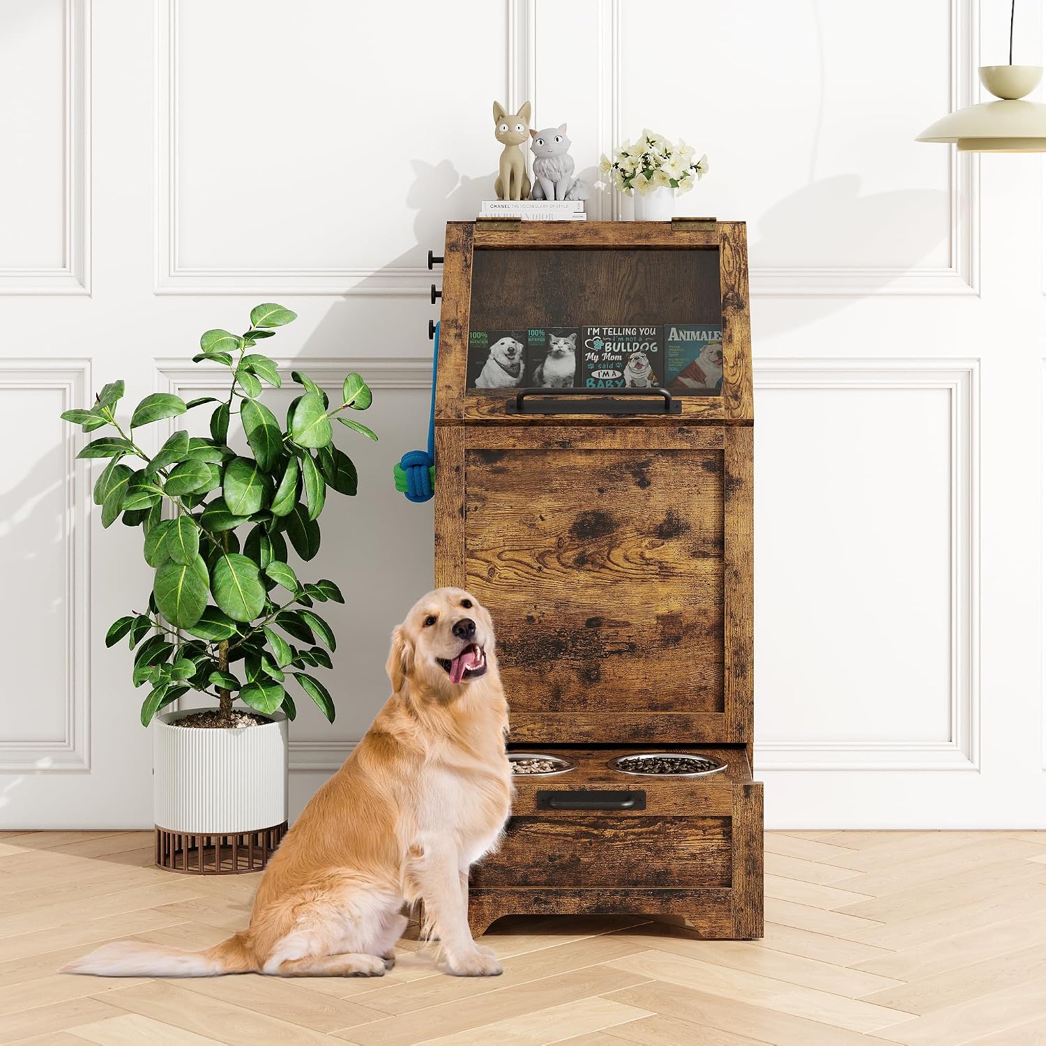 Dog Feeding Station with Storage - Large Capacity Dog Food Storage Cabinet with 2 Removable Stainless Steel Bowls, Flip Top Pet Food Container Toy Storage Organizer - Brown