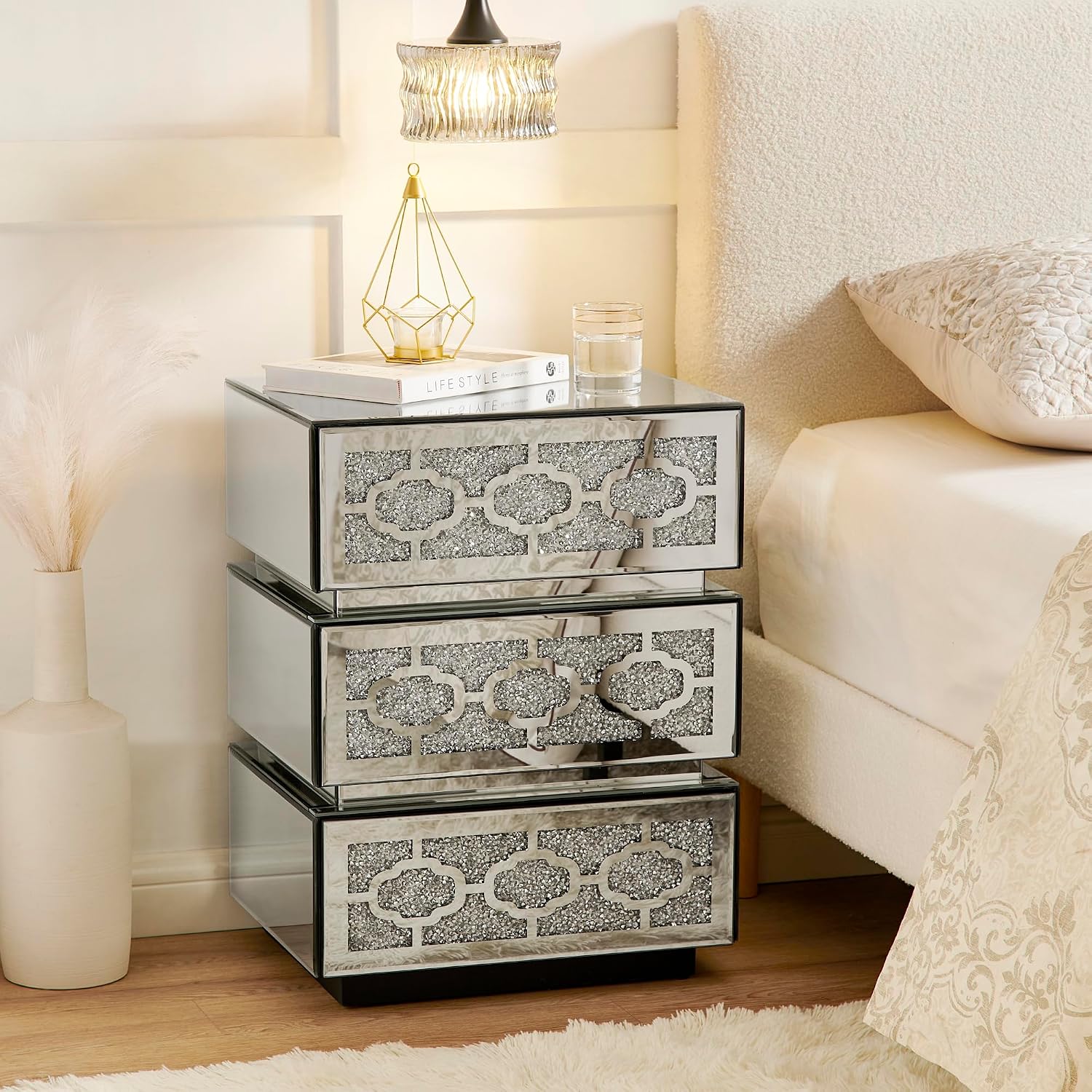 Mirrored Bedside Nightstand, Modern Side Table with 3 Drawers, Silver Accent End Table with Crushed Diamonds for Bedroom, Dorm and Living Room
