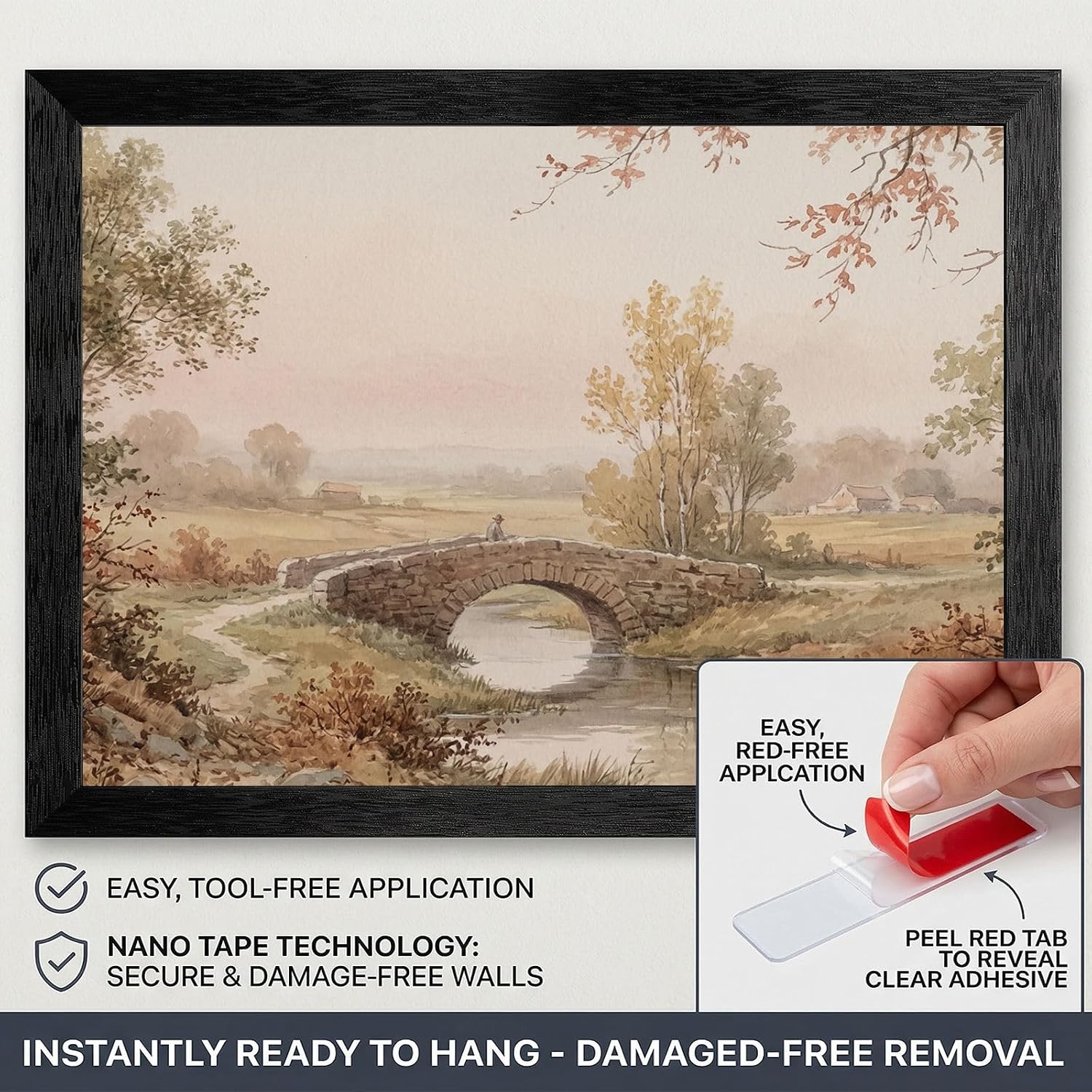 Framed Wall Art - 19th-Century Style Pastoral Landscape Stone Bridge in Black Frame - Vintage Watercolor Aesthetic Home Decor - Premium Art Print - 24x36 Inch