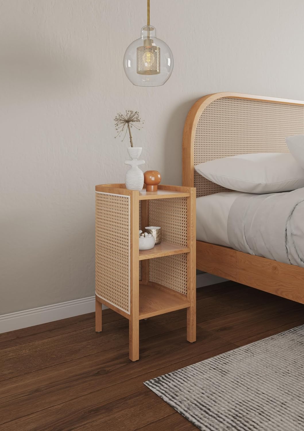 Manhattan Comfort Versailles Rattan Bedside End Table Accent Sofa Side Table for Living Room, Bedroom, Study and Home Office with 2 Shelf Storage, Set of 2, Natural Cane