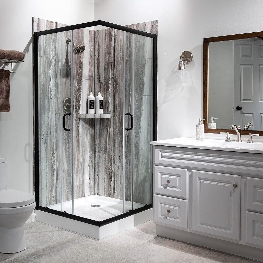 Palisade Vinyl Corner Shower Surround Kit 78in x 36in x 36in Louvre Granite | Waterproof PVC wall panels, grout-free design, bathroom renovation, coordinating trim, shelves, adhesive and sealant included