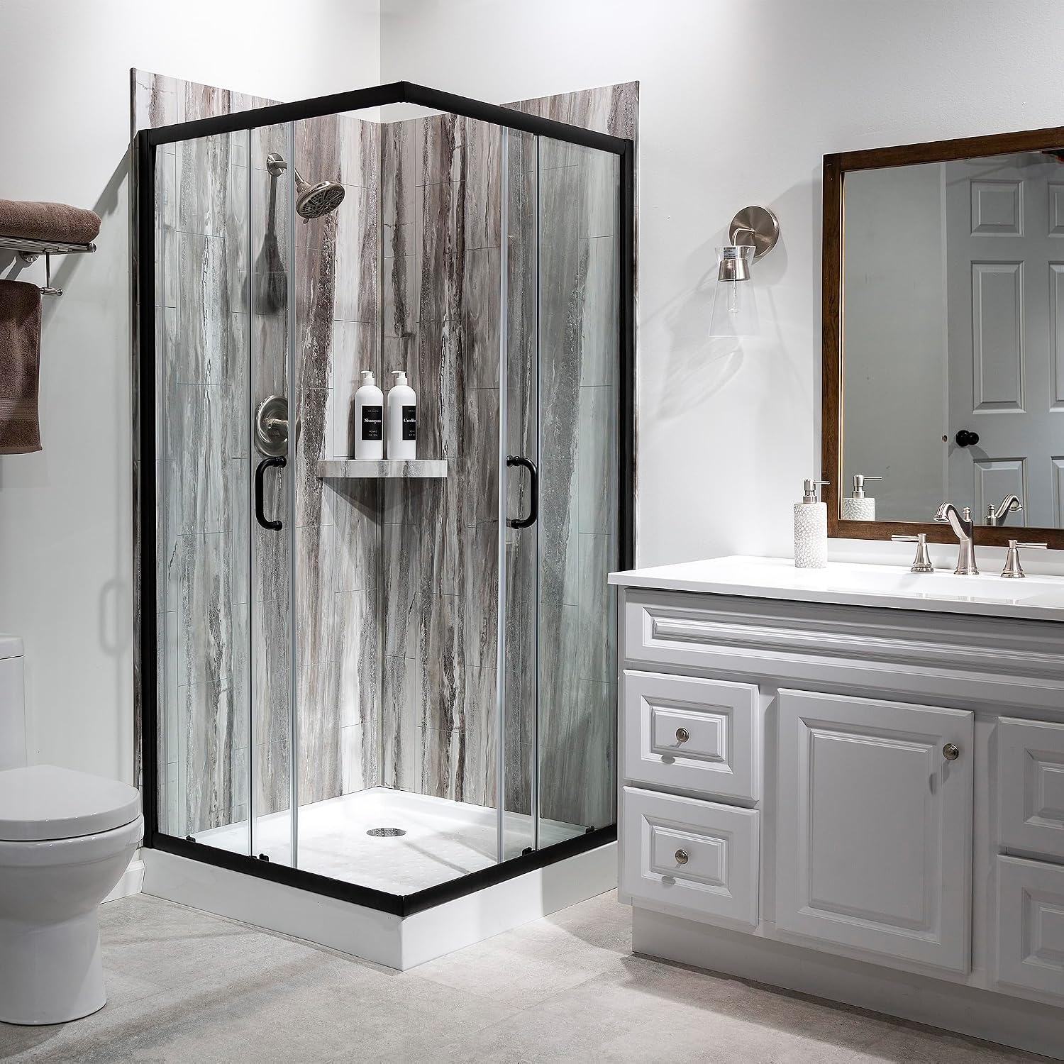 Palisade Vinyl Corner Shower Surround Kit 78in x 36in x 36in Louvre Granite | Waterproof PVC wall panels, grout-free design, bathroom renovation, coordinating trim, shelves, adhesive and sealant included