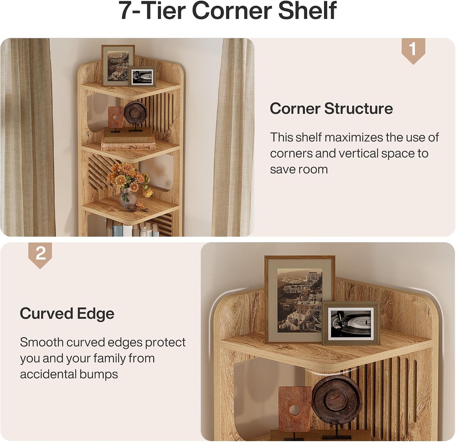 Tribesigns 6 Tiers Corner Shelf, Tall Skinny Corner Bookshelf Bookcase with Hollow Design, Farmhouse Narrow Display Shelf for Living Room, Bedroom, Small Space, Natural