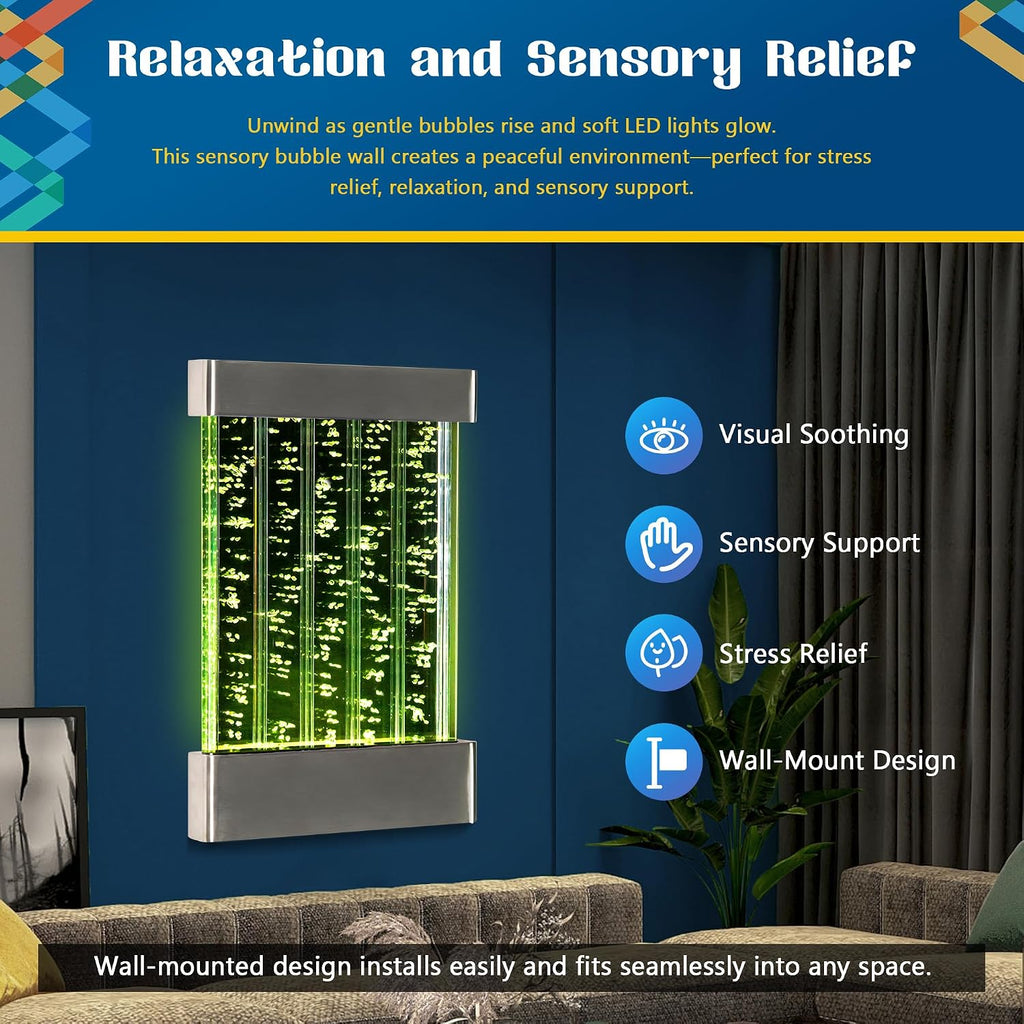 LED Sensory Bubble Wall – 24'x16' Stainless Steel Wall Panel with Floating Fish, Vertical Bubbles, Color-Changing Lights, Remote & APP Control for Sensory & Therapy Rooms