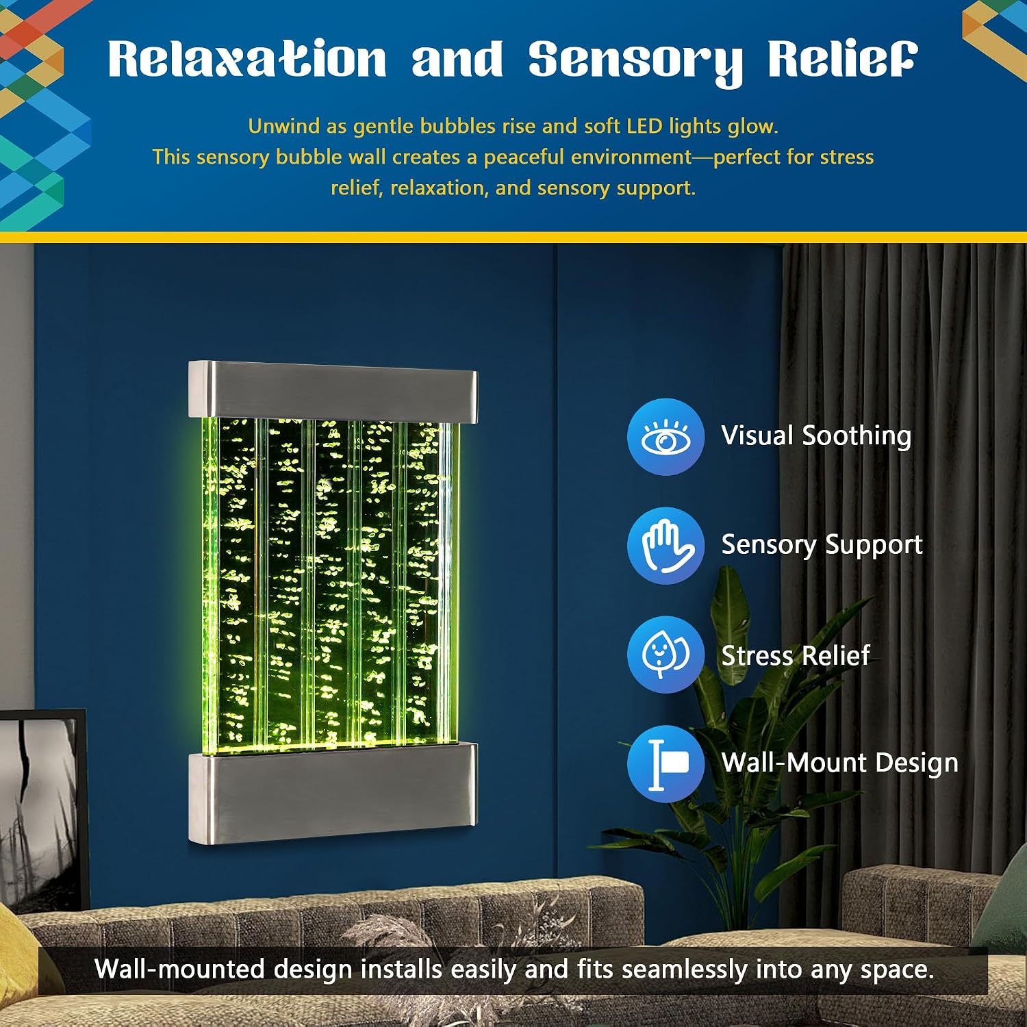 LED Sensory Bubble Wall – 24'x16' Stainless Steel Wall Panel with Floating Fish, Vertical Bubbles, Color-Changing Lights, Remote & APP Control for Sensory & Therapy Rooms