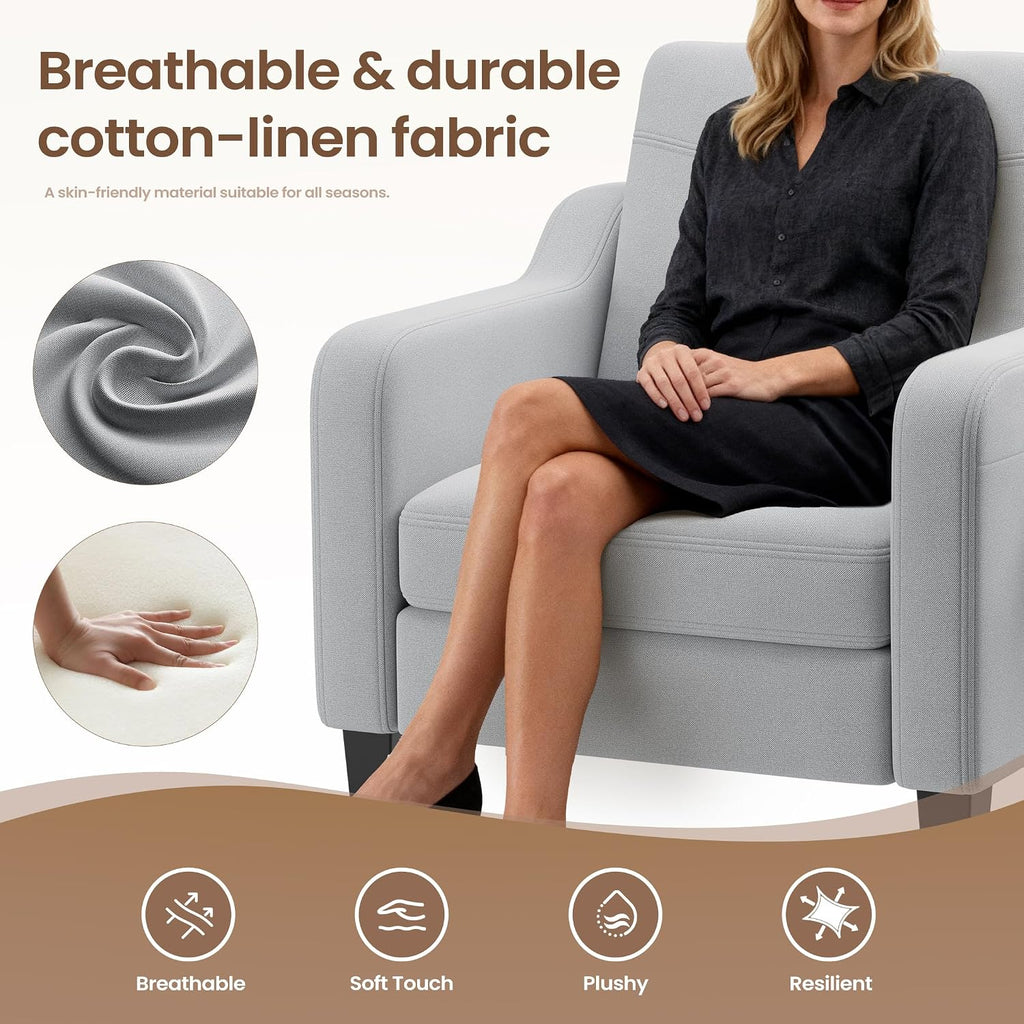 Accent Chair for Living Room Modern Linen Upholstered Armchair Side Wooden Fabric Sofa Chair with Foldable Table 2 Side Pockets Comfy Reading Chair for Bedroom