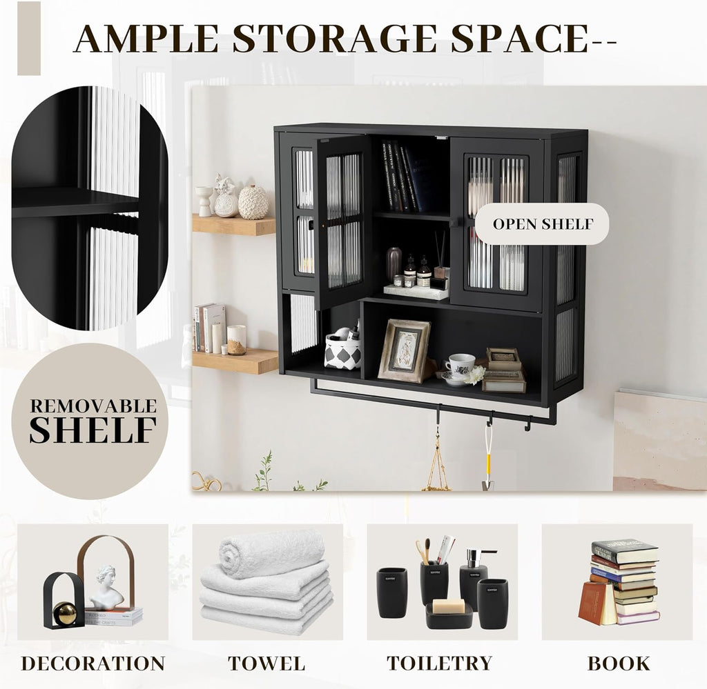 Polibi Wall Cabinet with Fluted Glass, Modern Wall-Mounted Storage with Towel Bar, Removable Shelves, Minimalist Design for Entryway Living Room Bathroom Dining Room, Easy Assembly, Black