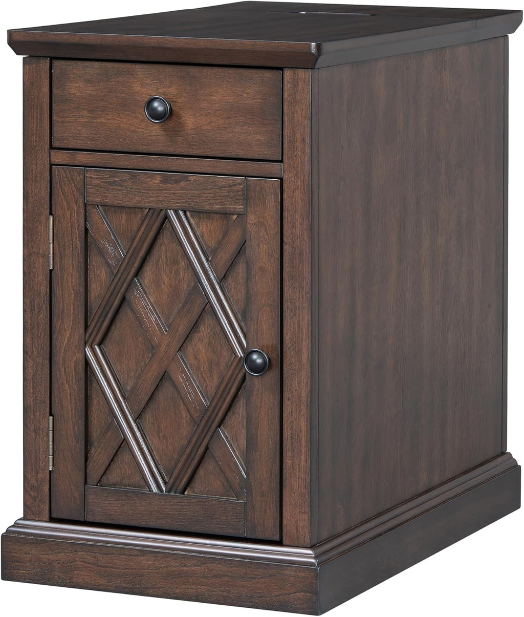 Multifunctional Classic Vintage End Table with USB Ports and 1 Drawer with Cup Holders, Sofa Side Narrow Table with Storage, Bedside Nightstand for Living Room Bedroom (Antique Espresso-4.3)