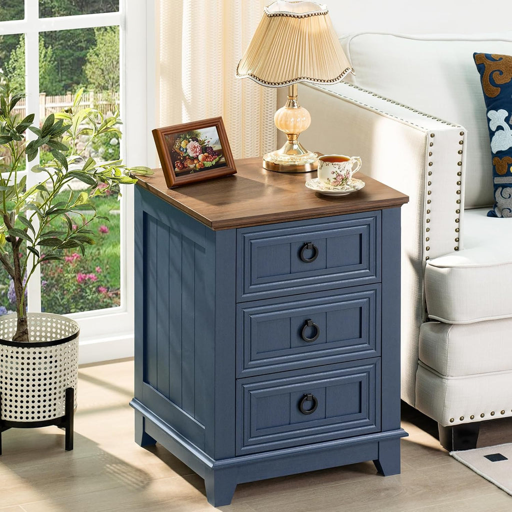 Joaxswe Night Stand Set of 2, Farmhouse 18' End Table with 3 Drawer Metal Handle, Dresser for Bedroom, Sofa Bed Side Table Chest of Drawers,Wood Nightstand Cabinet for Organizer, Living Room-Blue