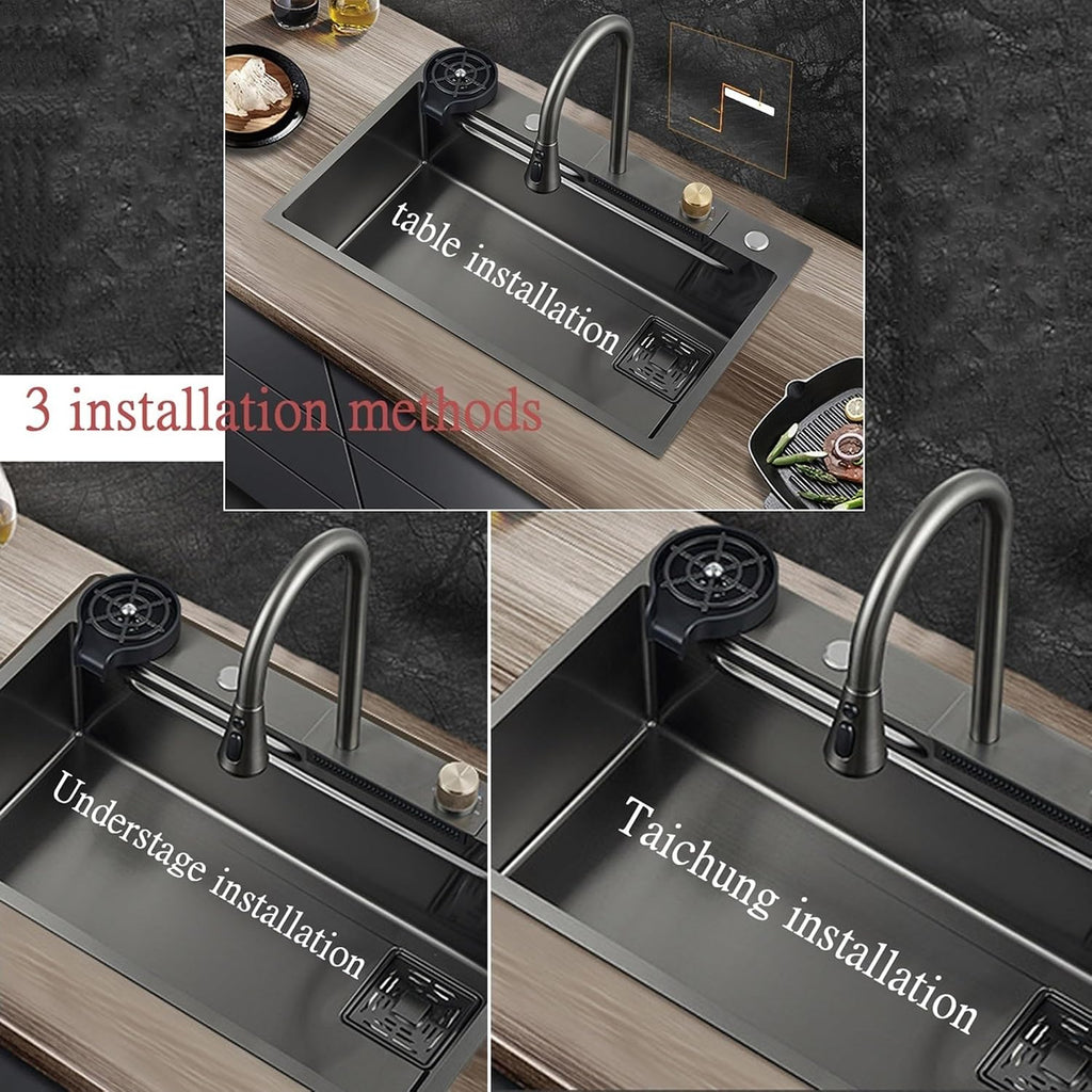 JATIBOSH Black Kitchen Sink 304 Stainless Steel Single Bowl Sink Waterfall Sink Workstation Multifunctional Sink with Accessories