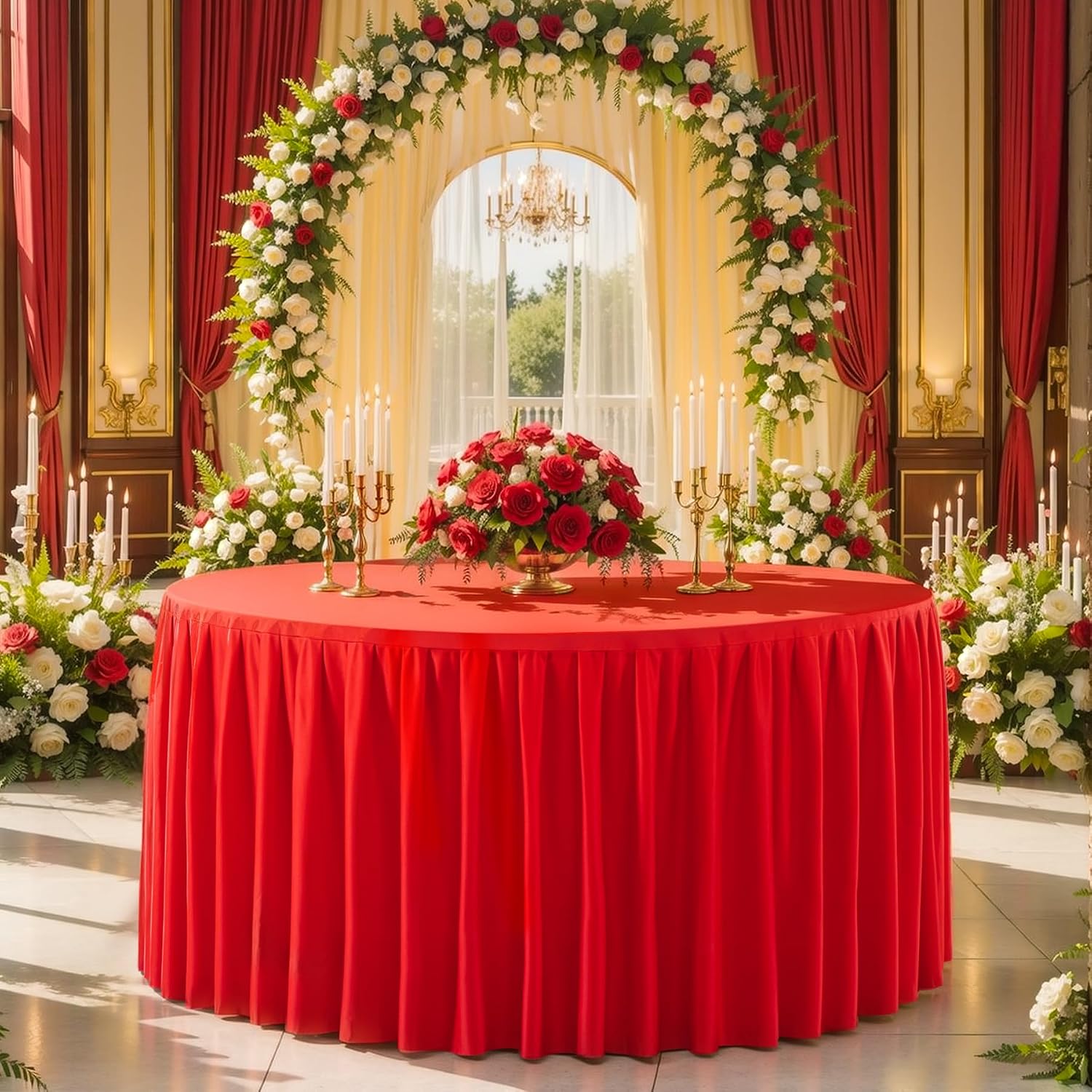 6 Pack Red Round Tablecloth 60 inch Stretch Spandex Fitted Table Cloth 5FT Round Banquet Tablecloths Wrinkle Free Table Cover Stitch Circle Tablecloth with Ruffle Skirt for Party Wedding Birthday