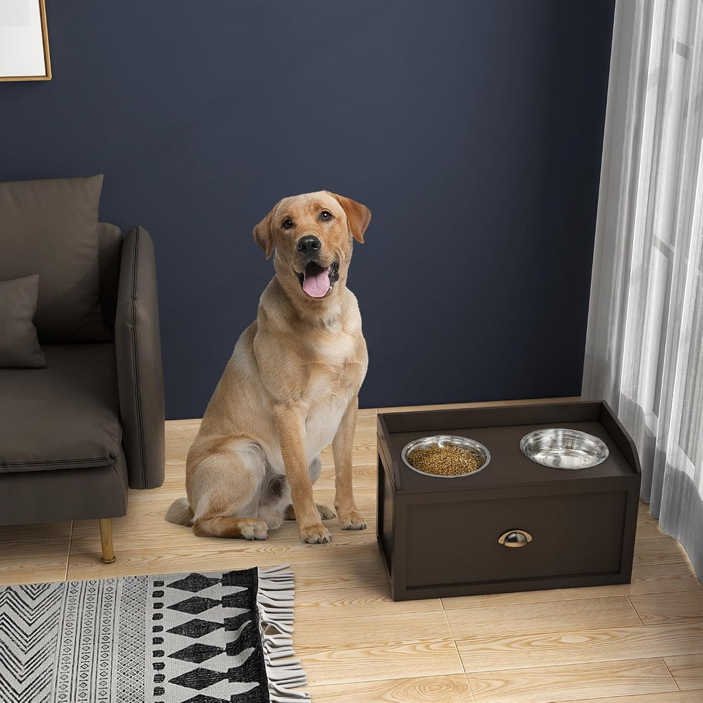 Dog Feeding Station with Storage Drawer, Dog Food Storage Cabinet with 2 Removable Elevated Dog Bowls for Large Sized Dogs, Coffee
