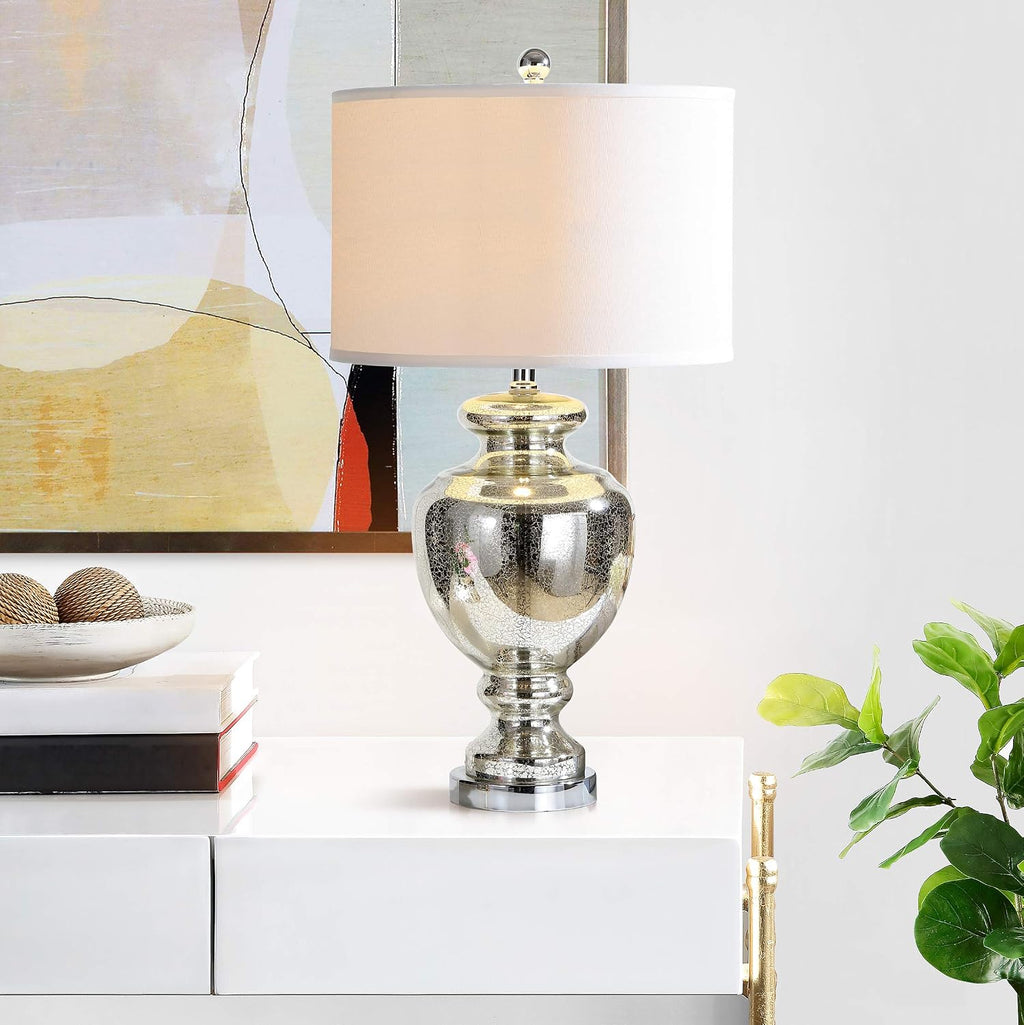 SAFAVIEH Lighting Collection Morocco Mercury Silver Crackle Glass 28-inch Bedroom Living Room Home Office Desk Nightstand Table Lamp Set of 2 (LED Bulbs Included)