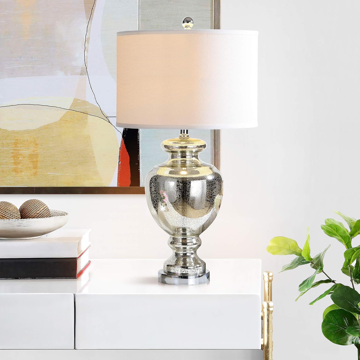 SAFAVIEH Lighting Collection Morocco Mercury Silver Crackle Glass 28-inch Bedroom Living Room Home Office Desk Nightstand Table Lamp Set of 2 (LED Bulbs Included)