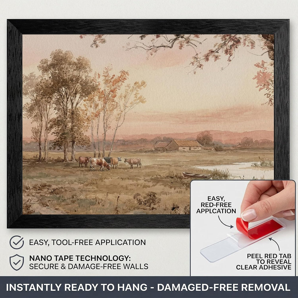 Framed Pastoral Landscape Wall Art, Black Frame Textured Finish, 19th-Century Style Watercolor Meadow at Dusk with Grazing Cattle and Elm Trees, Serene Countryside Home Decor - 24x36 Inch