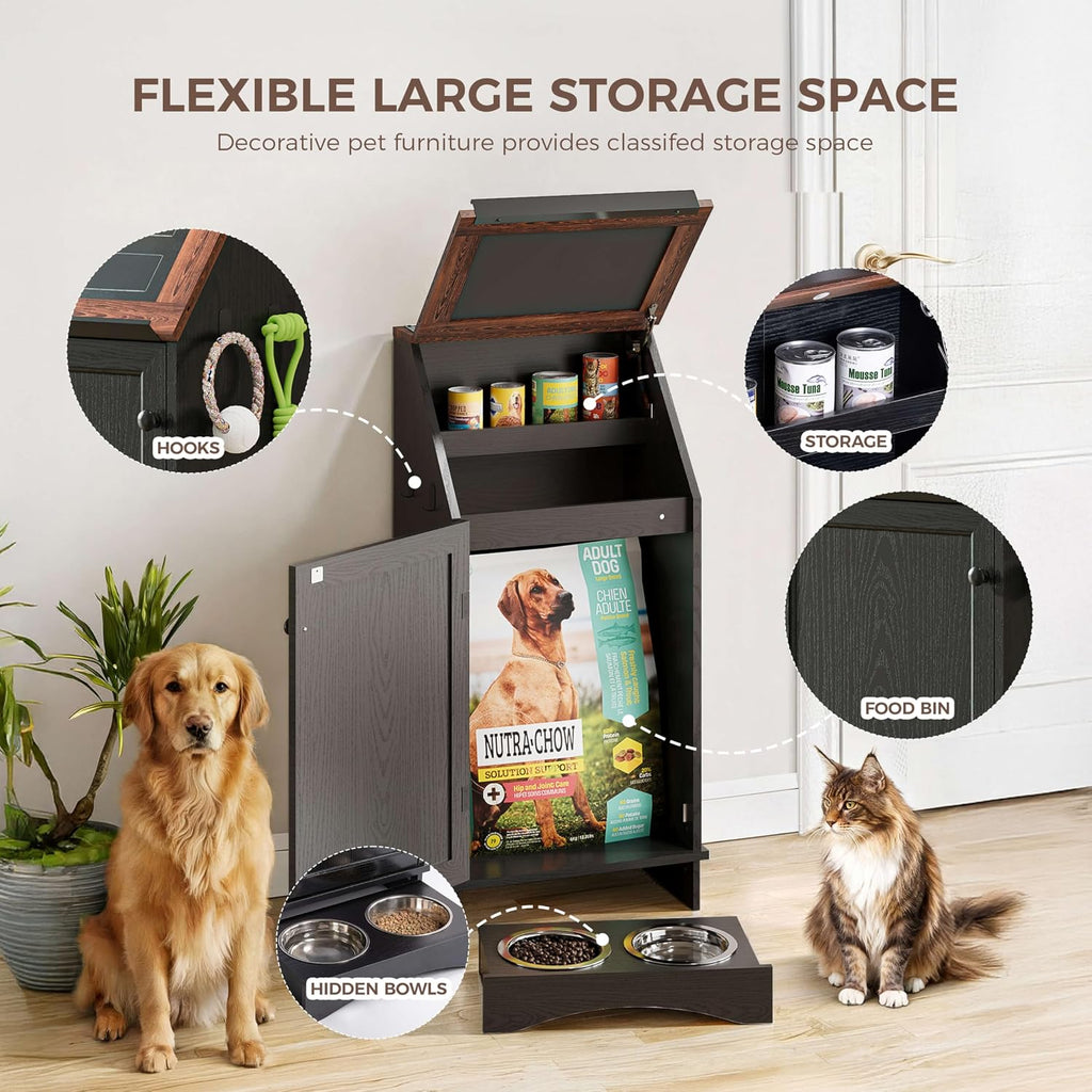 FIMELLO Dog Feeding Station with Storage, Dog Food Cabinet with 2 Hidden Feeding Bowls, Flip-Top Pet Storage Cabinet, Pet Food Holder, Black Grain