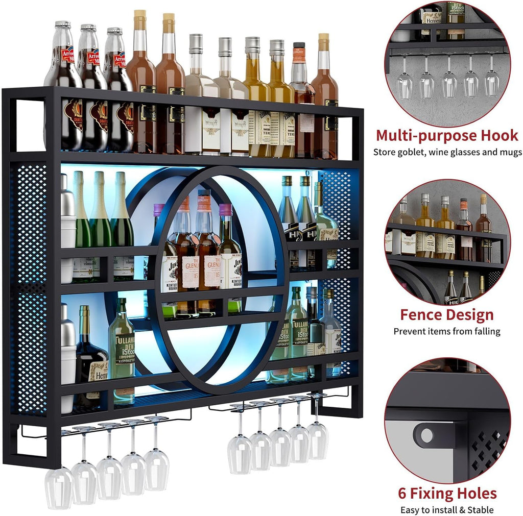 3-Tiers 39in Wine Rack Wall Mounted with Upgarded LED, Floating Bar Shelves with Wine Glass Holder Hanging Industrial Liquor Shelf, Wall-Mounted Wine Racks Cabinets for Home Bar, No Assembly Required