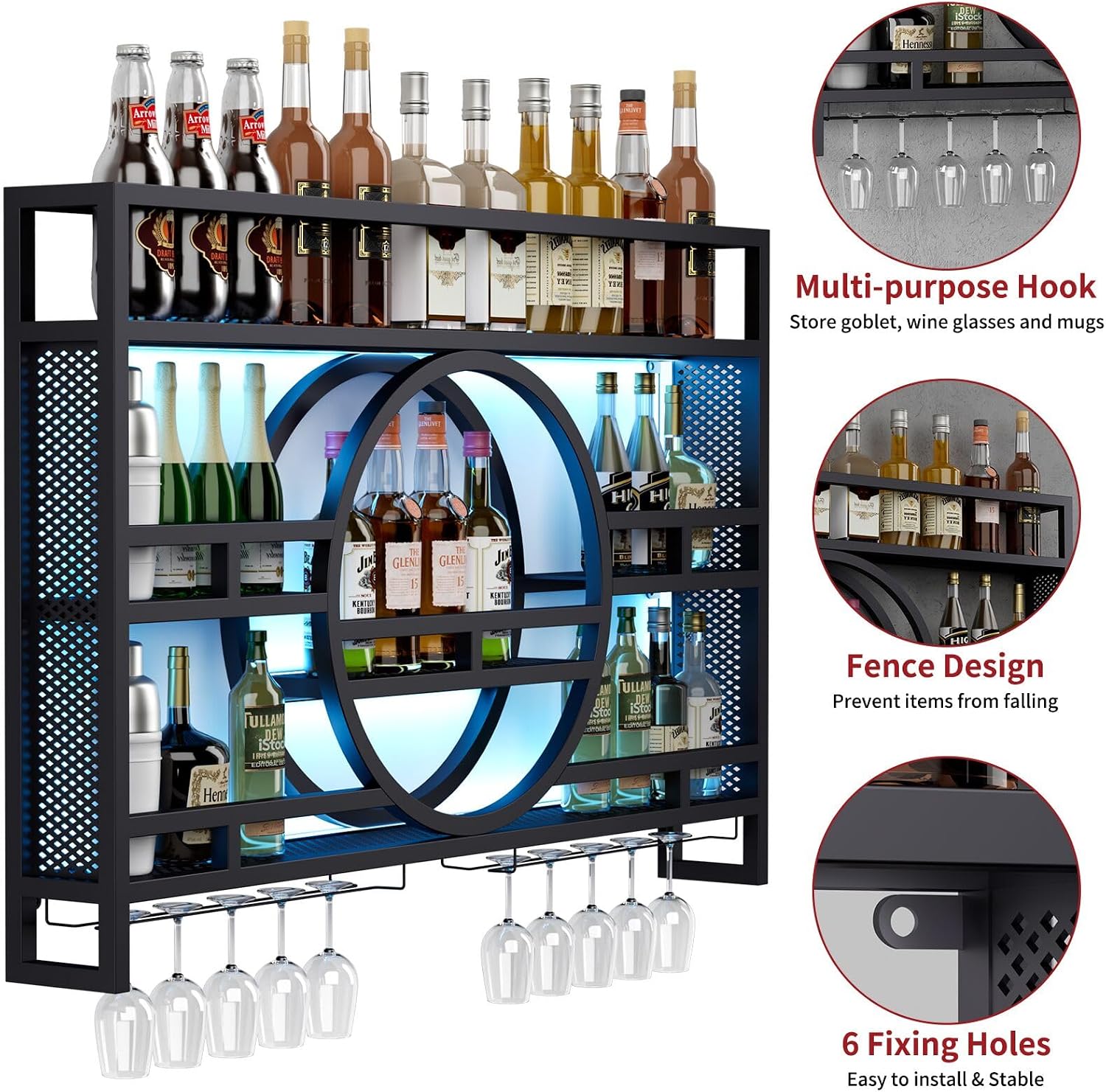 3-Tiers 39in Wine Rack Wall Mounted with Upgarded LED, Floating Bar Shelves with Wine Glass Holder Hanging Industrial Liquor Shelf, Wall-Mounted Wine Racks Cabinets for Home Bar, No Assembly Required