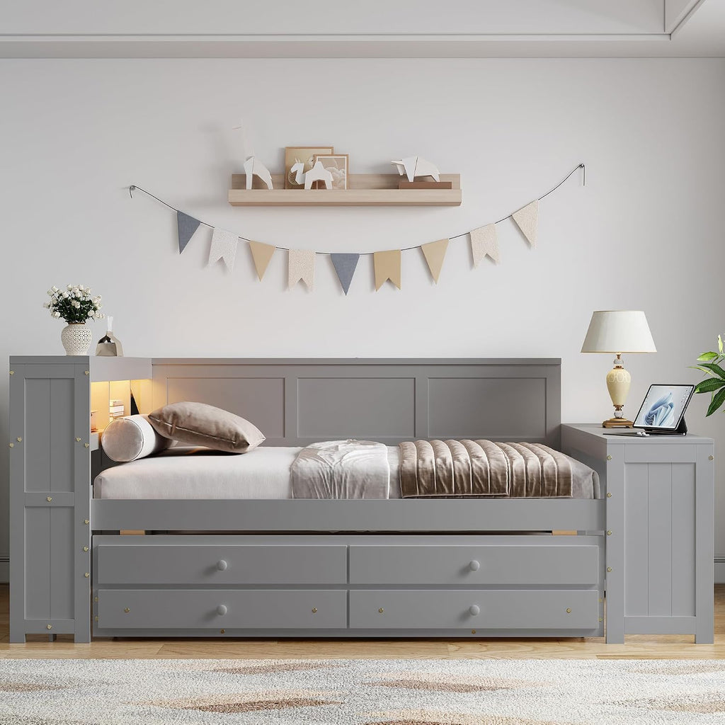 Bellemave Full Corner Bed Frame, Twin Size Captain beds with Storage Cabinets and Desk, Wood Daybed with Bookcase Trundle and Drawers, Gray