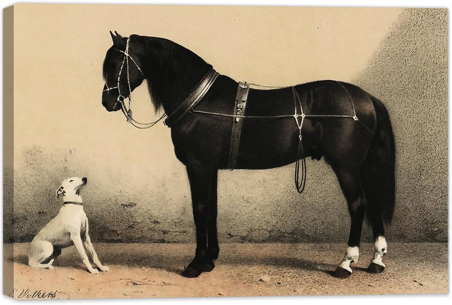 HoozGee Orloff Horse Art Prints by Emil Volkers Built-in Wooden Framed A Black Horse and A White Dog Classic Vintage Oil Painting Canvas Prints Gallery Wall Decor (48'x36' FRAME)
