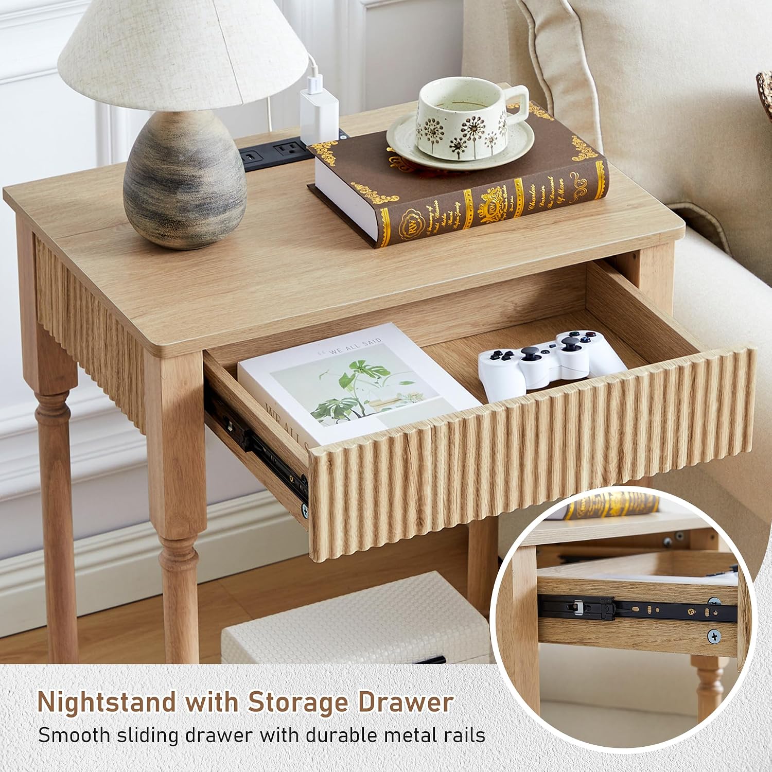 23.6' Large End Table with Charging Station, Set of 2, Modern Farmhouse Side Table with Drawer&Open Shelf, Fluted Wood Bedside Table Sofa Tables Night Stand for Bedroom Living Room Home Office,Natural