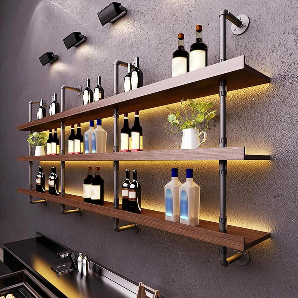 86.6in Large Wine Rack with LED Light Solid Wood Wall Mounted Wine Rack, 3-Tiers Liquor Bottles Floating Shelves Display Storage Organizer for Home Bar & Dining Room (220cm/86.6in)