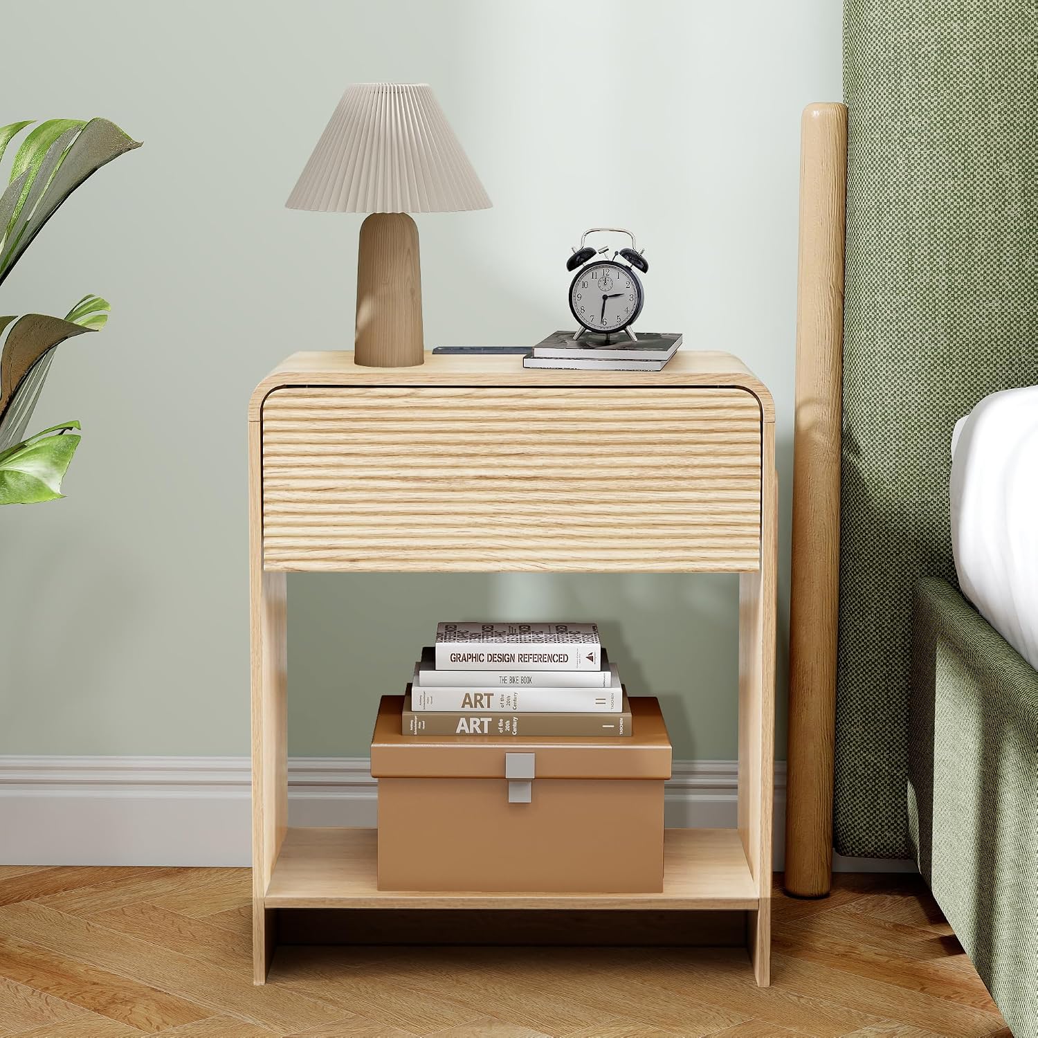 Set of 2 Fluted Side Table with Charging Station, Mid Century Modern End Table Nightstand with Drawer Storage, Large Wood Bedside Tables Night Stands for Small Space Bedroom Living Room Office,Natural