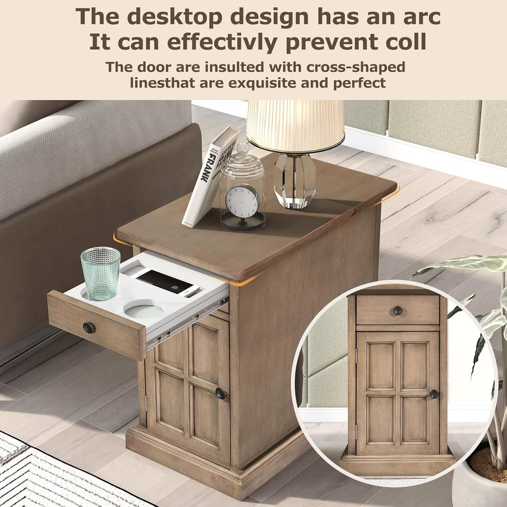 Multifunctional Classic Vintage End Table with USB Ports and 1 Drawer with Cup Holders, Sofa Side Table Bedside Nightstand Narrow Table for Living Room Bedroom (Antique Brown)