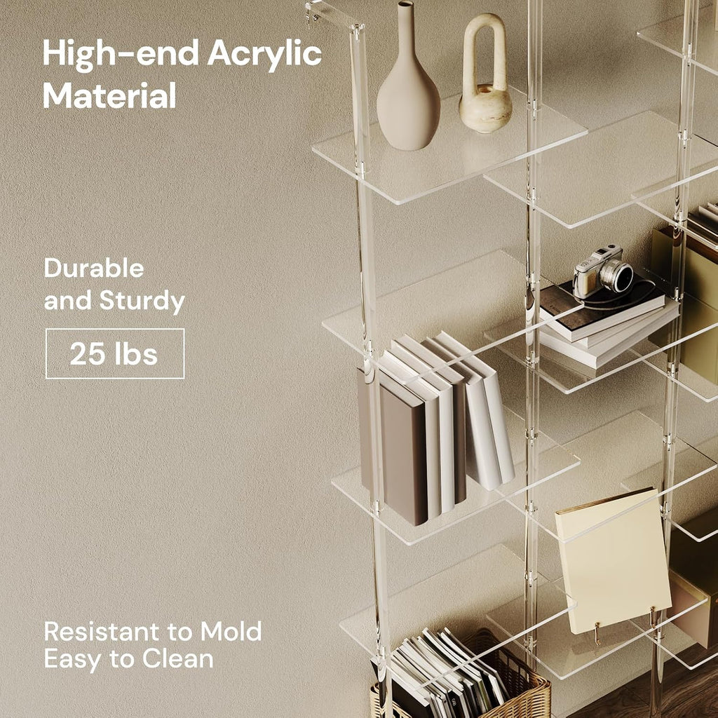 Acrylic Bookshelf, Wall Mounted, 5-Tier Clear Ladder Bookshelf with 14 Open Shelves, Multipurpose Bookcase for Living Room, Bathroom, Office, Modern, 9.5' D x 43.5' W x 72.8' H