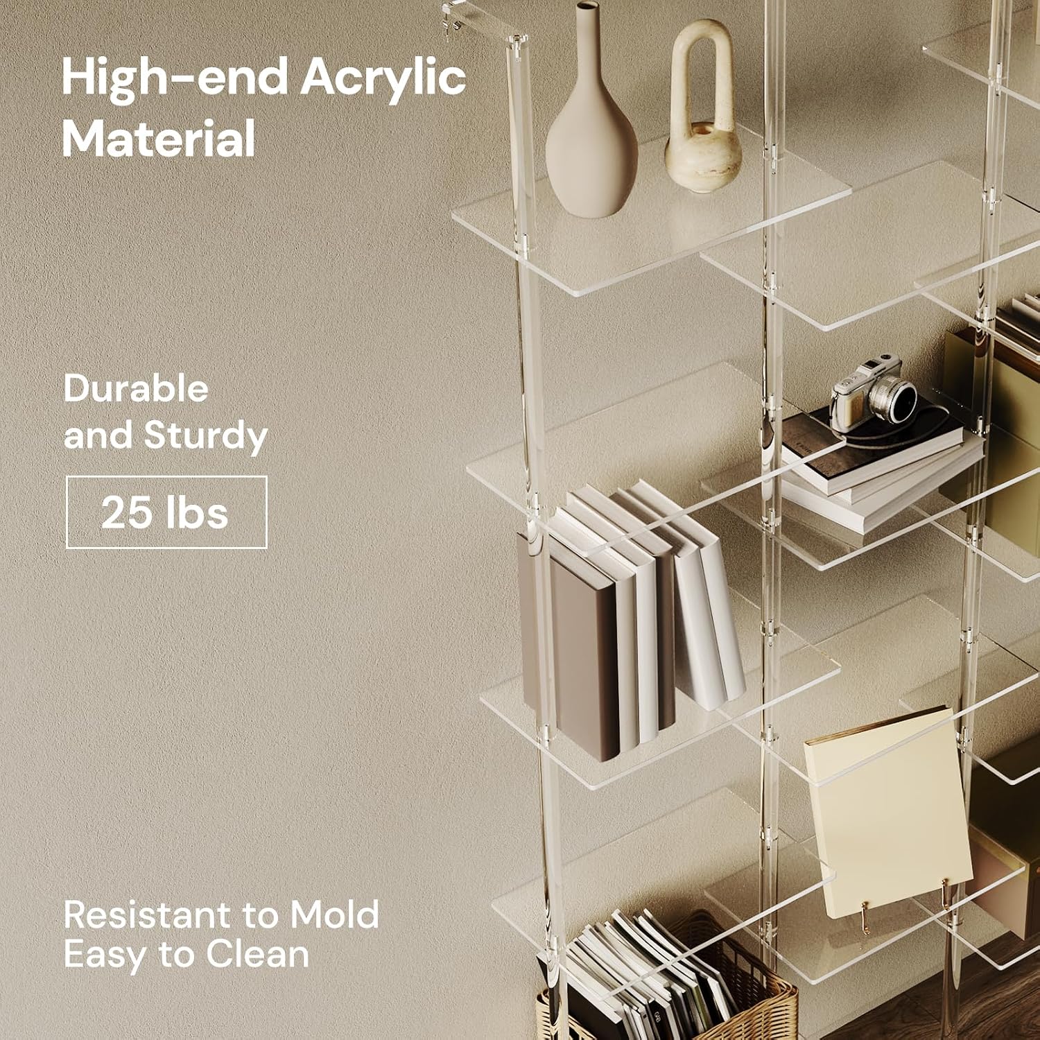 Acrylic Bookshelf, Wall Mounted, 5-Tier Clear Ladder Bookshelf with 14 Open Shelves, Multipurpose Bookcase for Living Room, Bathroom, Office, Modern, 9.5' D x 43.5' W x 72.8' H