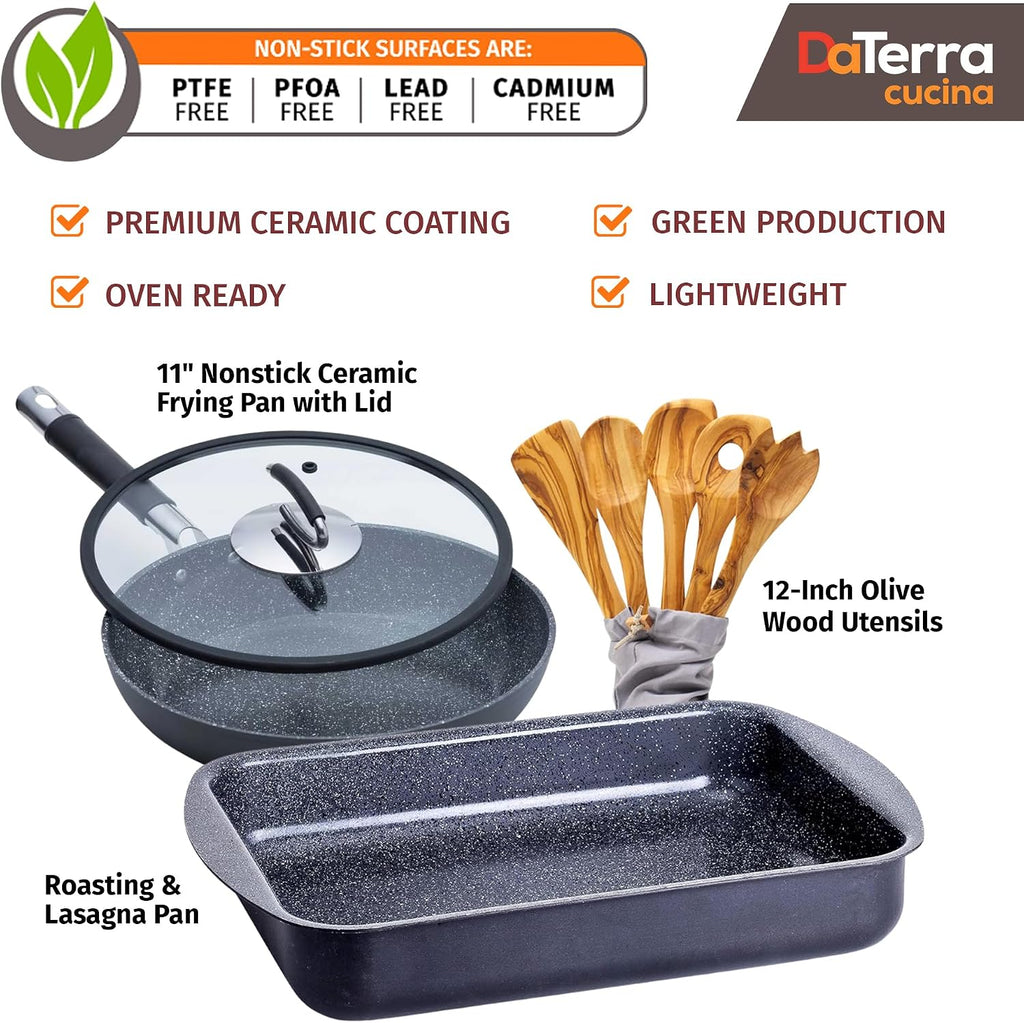 DaTerra Cucina Nonstick Italian Bundle – Roasting & Lasagna Pan, 11' Frying Pan with Lid, 5-Piece Olive Wood Cooking Utensils Set – Oven Safe, PTFE & PFOA Free - Made in Italy, Ceramic