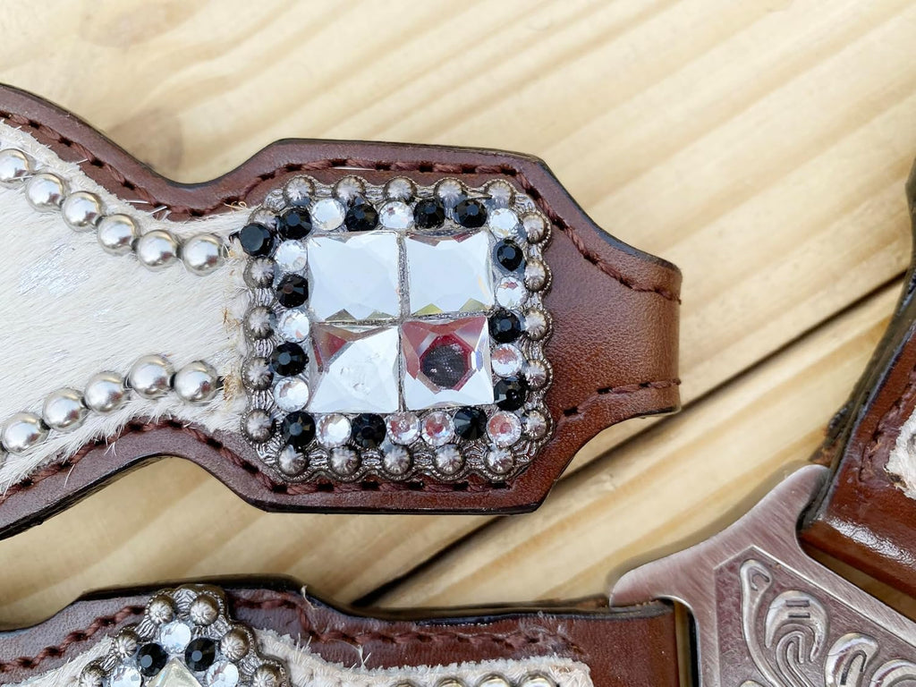 Western Leather Headstall & Breast Collar Set for Horses - Valentine's Day Silver Metallic Cowhide with Rhinestones