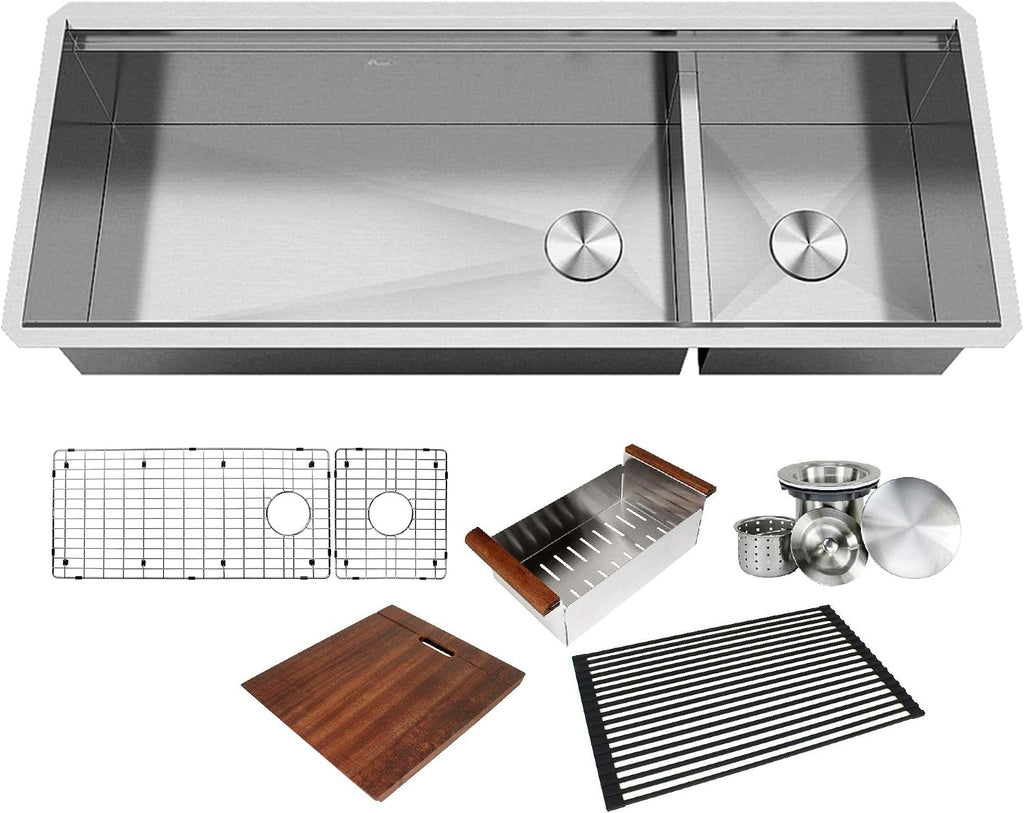 KINGSMAN ALL-IN-ONE Workstation 48 in. 16-Gauge Undermount Double Bowl Stainless Steel Kitchen Sink w/Build-in Ledge and Accessories (Brushed Stainless Steel)