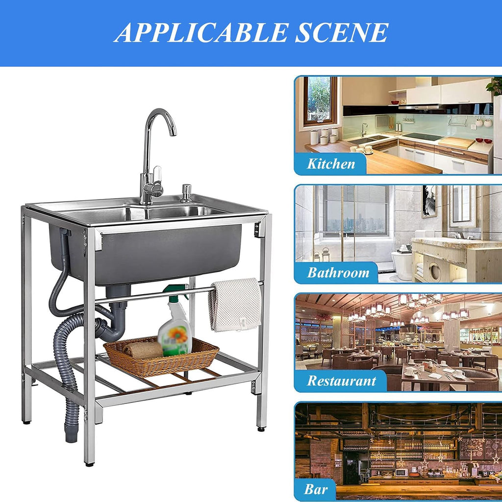Single Bowl Sink Stainless Steel Bar Prep Utility Sink with Faucet and Storage Shelves, 1 Compartment Commercial Kitchen Free Standing Sink for Restaurant, Laundry, Garage
