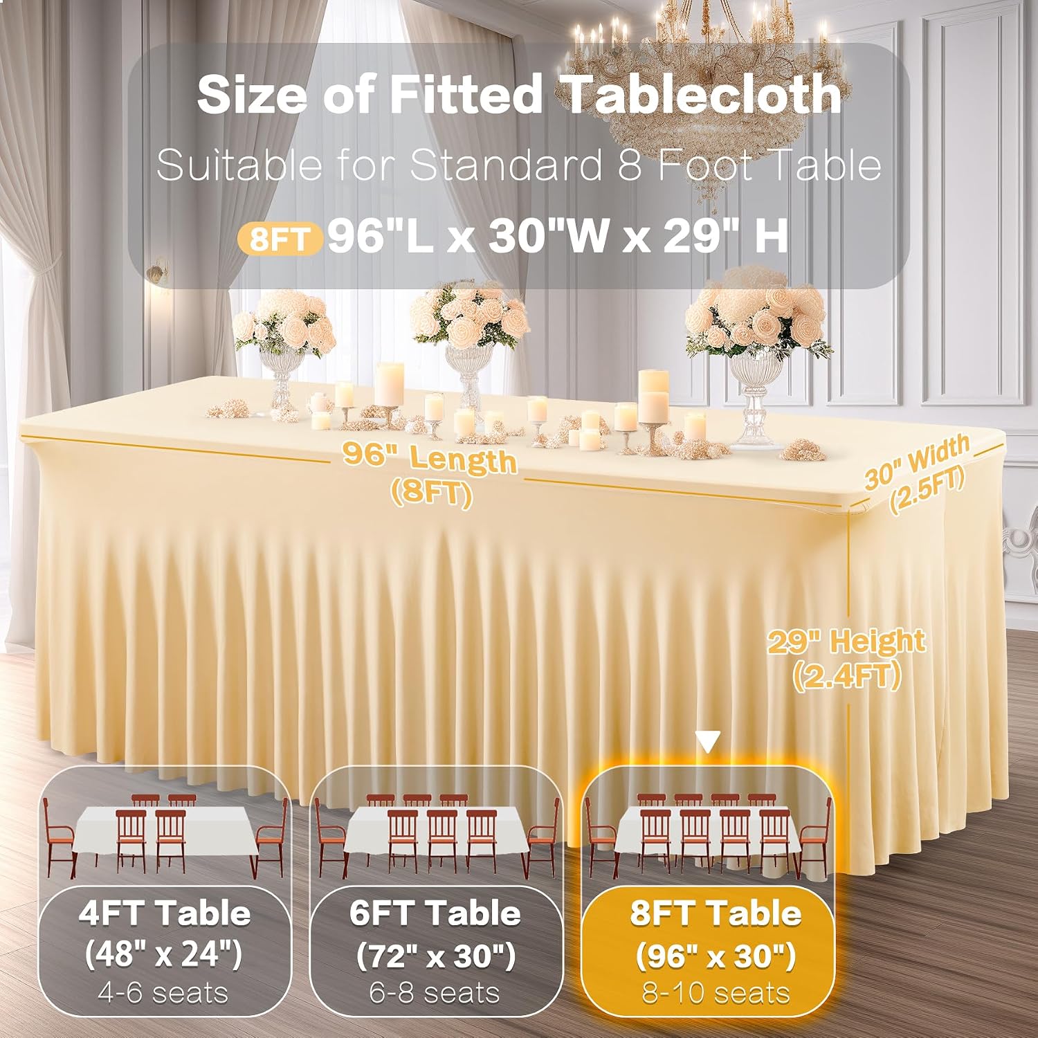 Shillance 6 Packs Champagne Spandex Tableclothes for 8 Foot Rectangle Table, Spandex Table Covers 8FT Stretch Table Skirts Wrinkle Free Fitted Table Cloth for Event, Wedding, Banquet & Parties