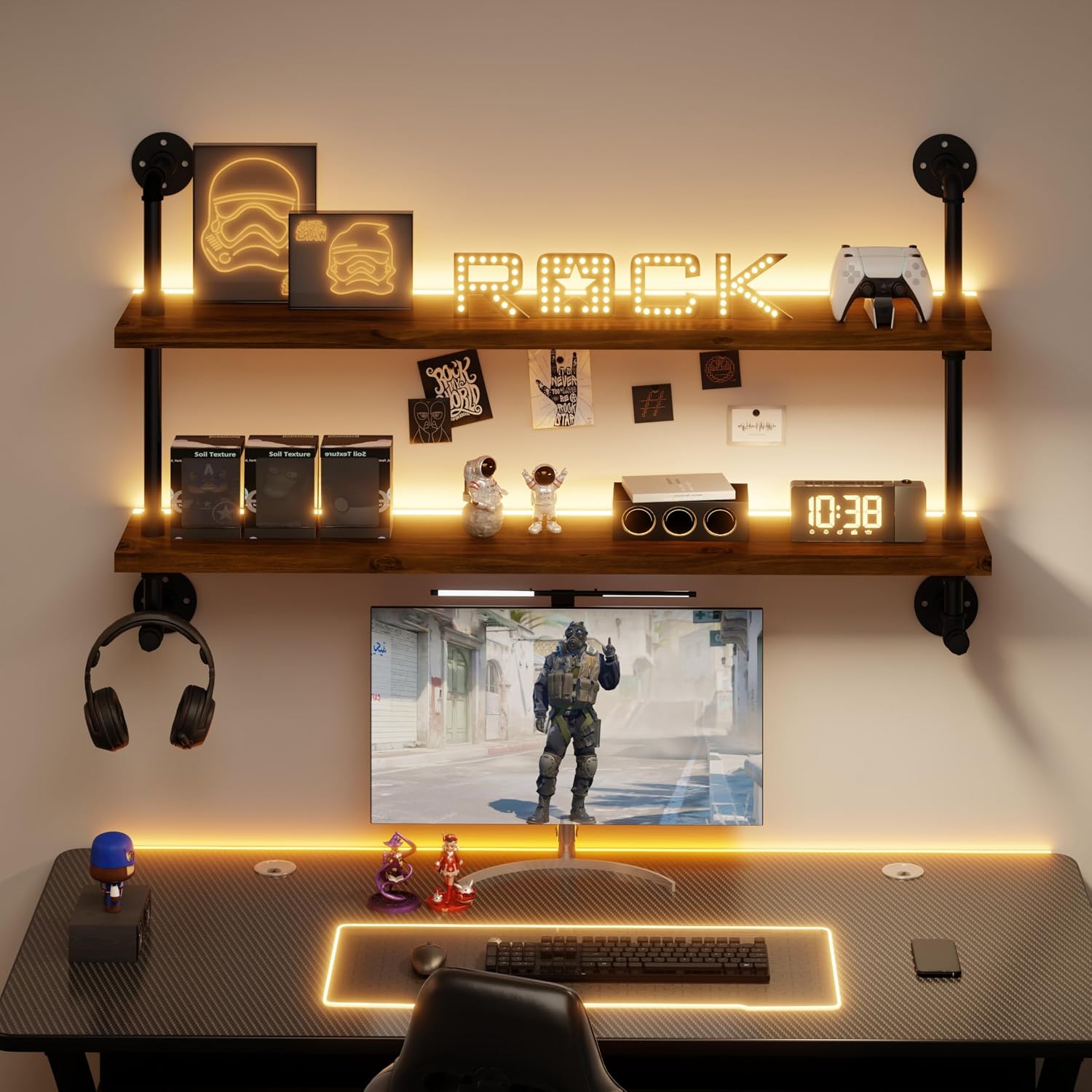 ROGMARS LED Gaming Floating Shelves for Wall,Industrial Pipe Shelving 48 inch Coffee Bar Shelves Wall Mounted,Display Book Shelf with Light for Gaming Room Living Room Bedroom Kitchen Garage