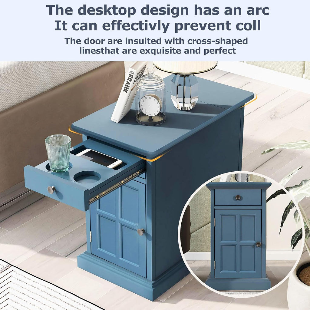 Multifunctional Classic Vintage End Table with USB Ports and 1 Drawer with Cup Holders, Sofa Side Bedside Nightstand Narrow Table for Living Room Bedroom (Antique Navy)