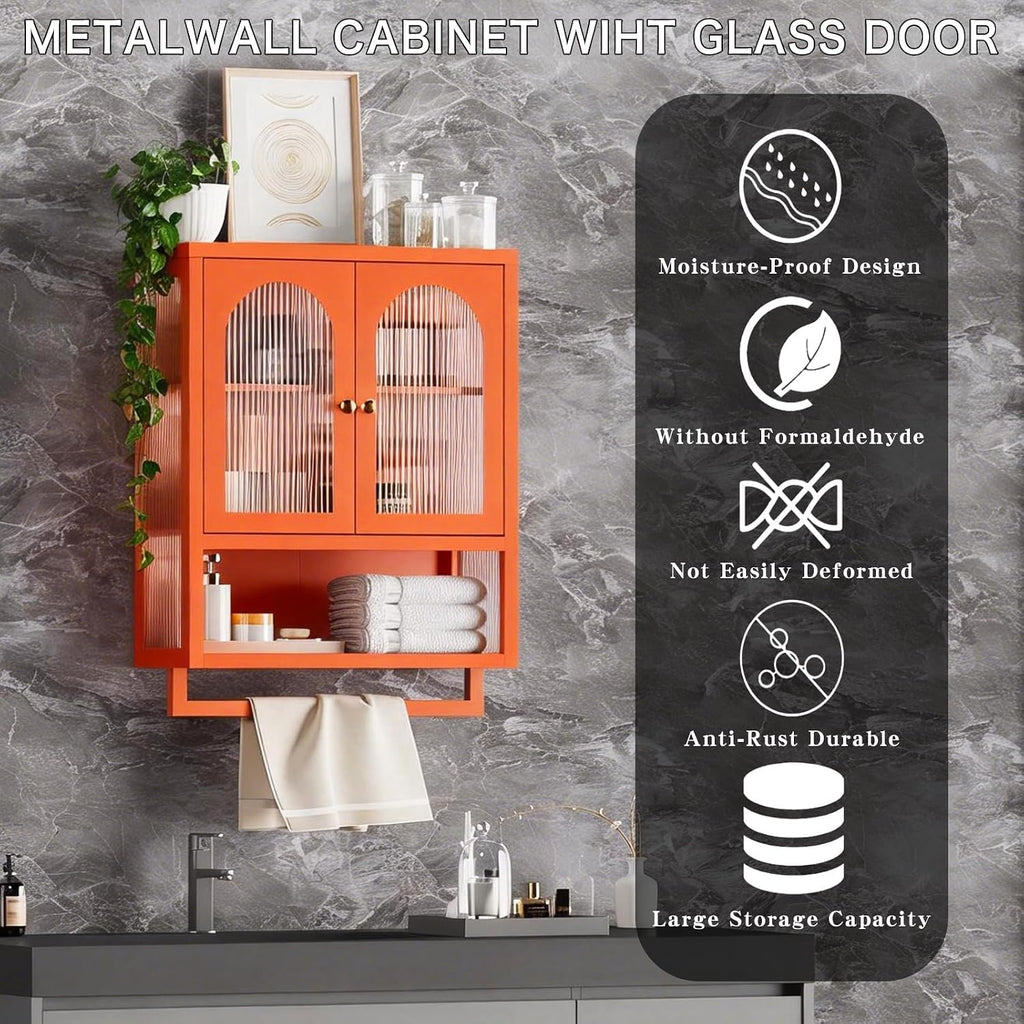 ALBAD Metal Bathroom Wall Cabinet with Fluted Glass Door and Towel Bar Wall-Mounted Medicine Cabinets Over the Toilet for Modern Bathroom, Kitchen, Garage, Laundry Room, Orange