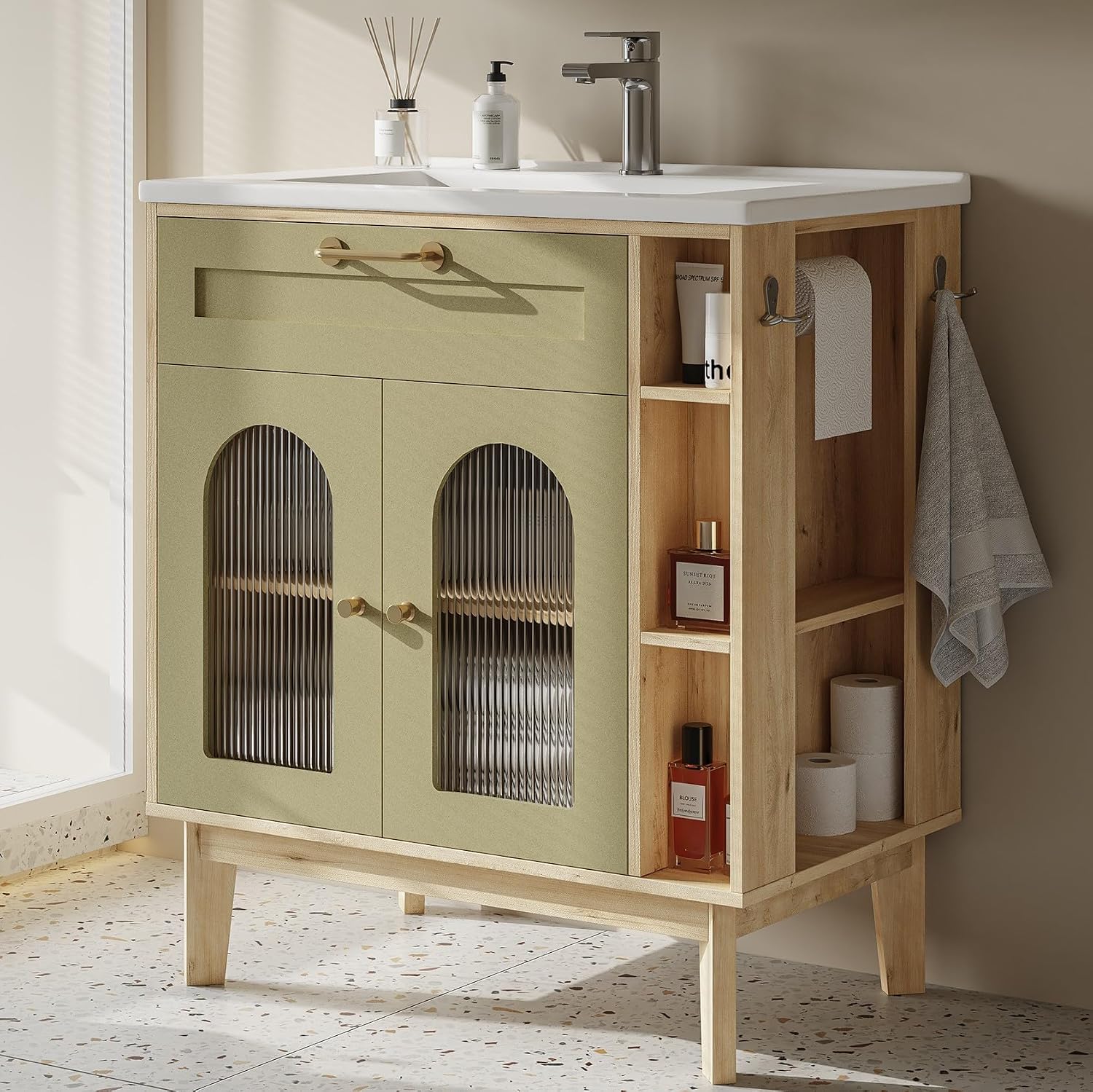 LIKIMIO 30 inch Bathroom Vanity with Sink, Bathroom Vanities Cabinet with Ceramic Sink, Arched Glass Door Storage with Adjustable Shelf, Solid Wood Legs, Towel Bar & Toilet Paper Holder