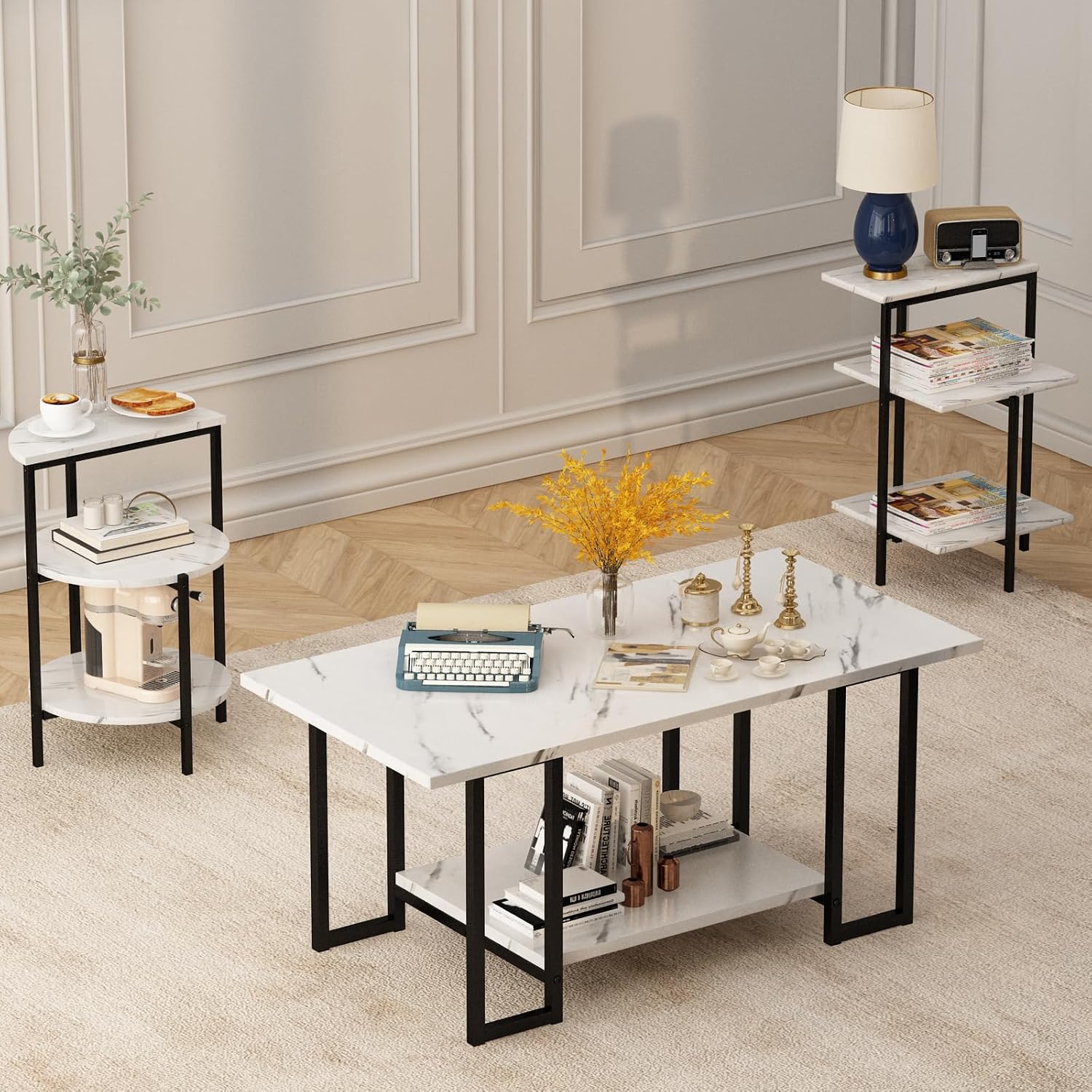 Lamerge Coffee Table Set of 3,Rectangle Coffee Table&2 Accent Table,Faux Marble Tabletop,3 Piece Living Room Table Sets with Multi Tier Storage, for Small Space, Apartment,White & Black