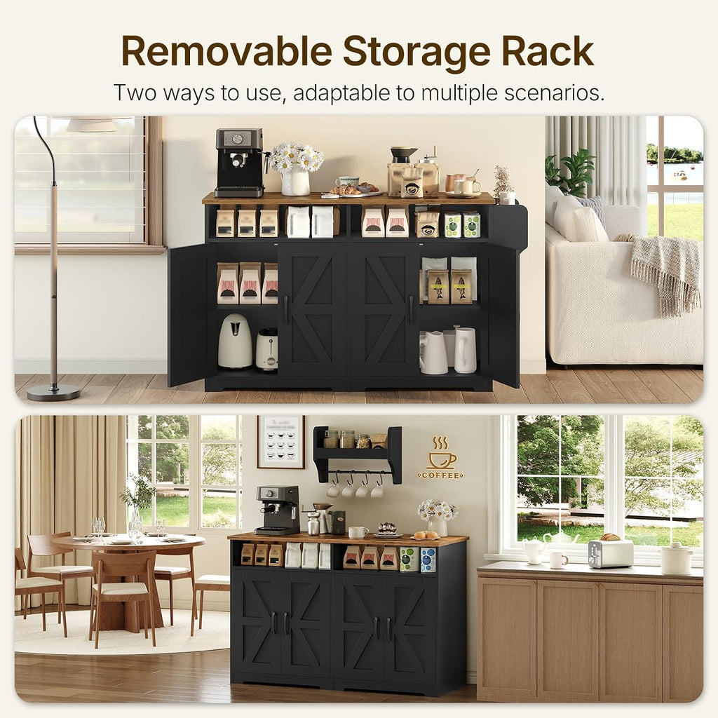 YATINEY Coffee Bar Cabinet, Kitchen Island with Storage, Farmhouse Sideboard Buffet Cabinet with Dual-Purpose Floating Shelf and Hooks, for Restaurant, Living Room, Rustic Brown KF32BR
