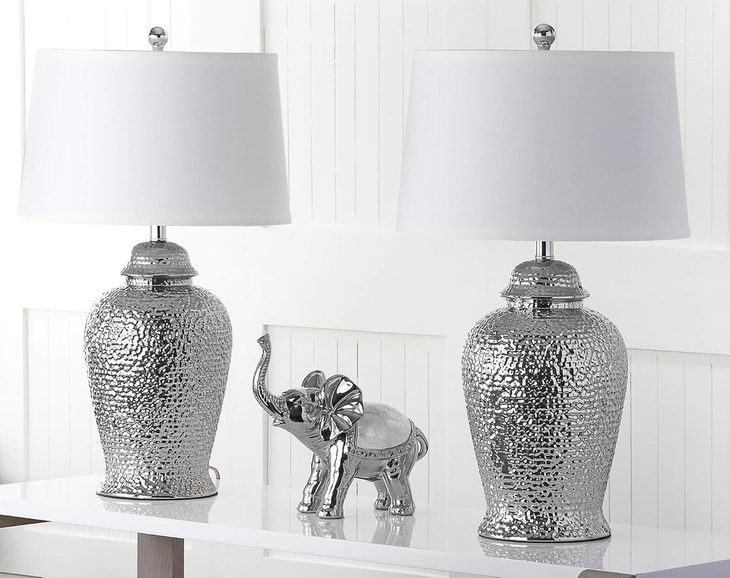 SAFAVIEH Lighting Collection Metallica Silver Ginger Jar 28-inch Bedroom Living Room Home Office Desk Nightstand Table Lamp Set of 2 (LED Bulbs Included)